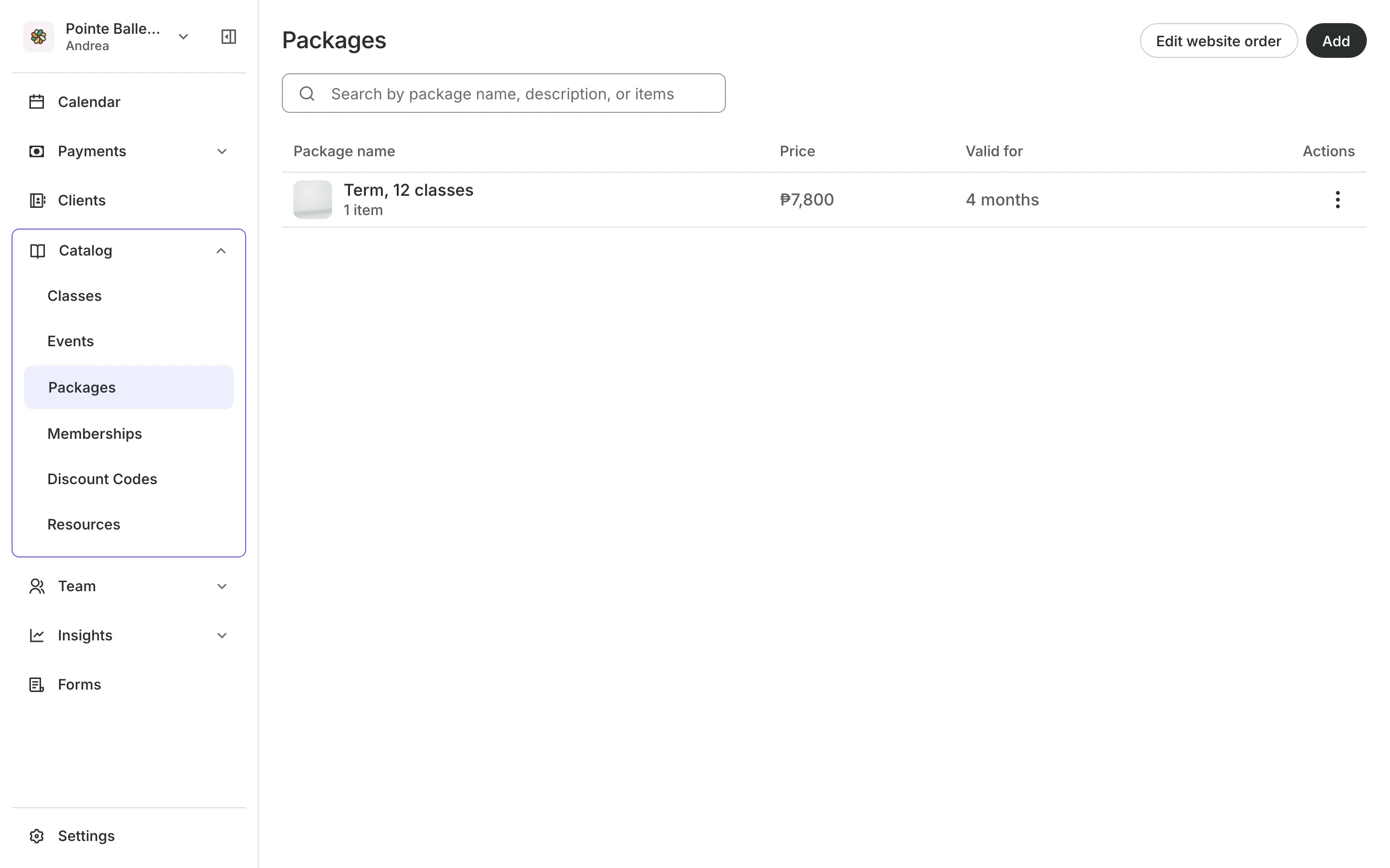 Packages for sale, each with its sessions and price