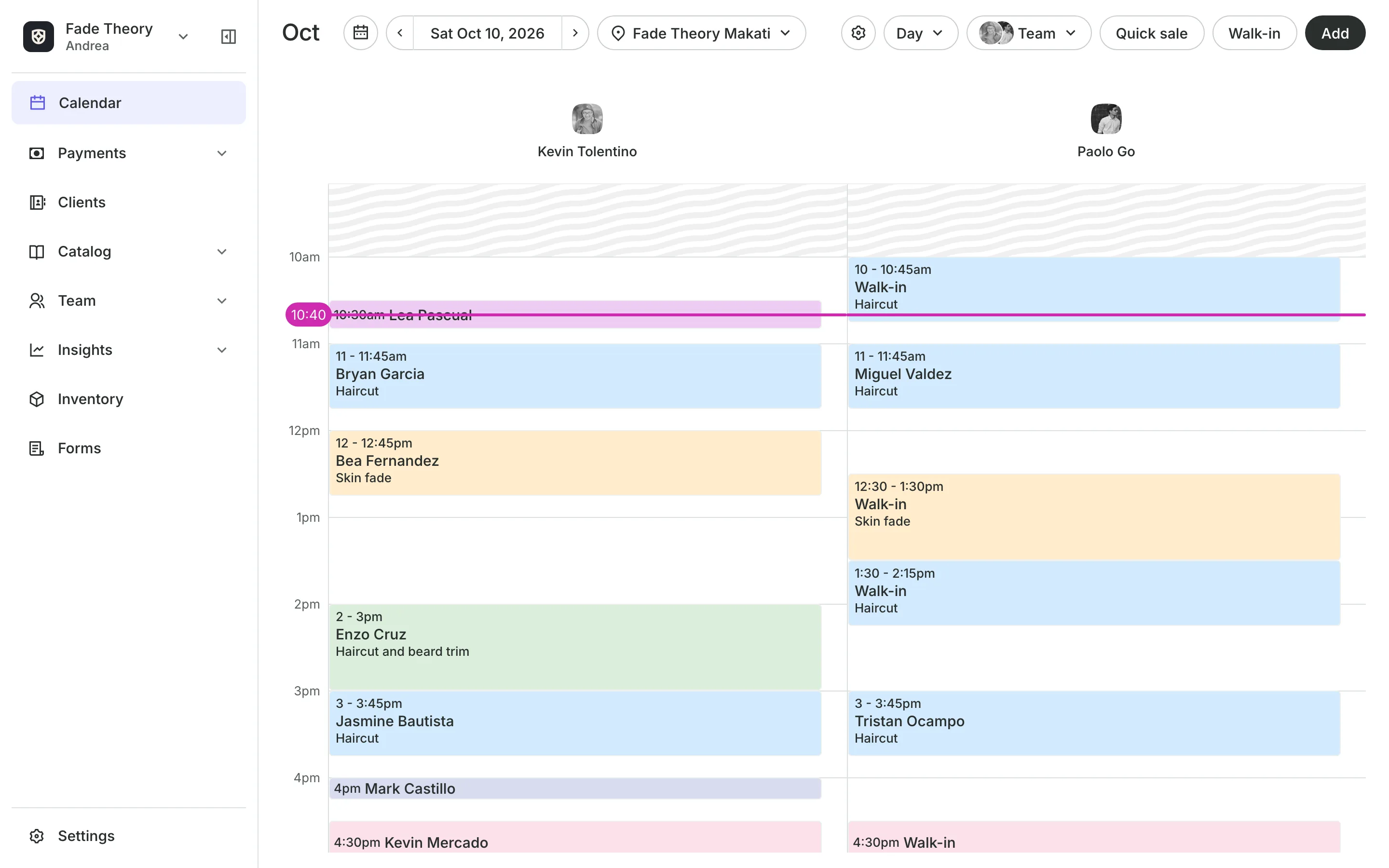 The calendar in day view: the team's columns and the day's bookings