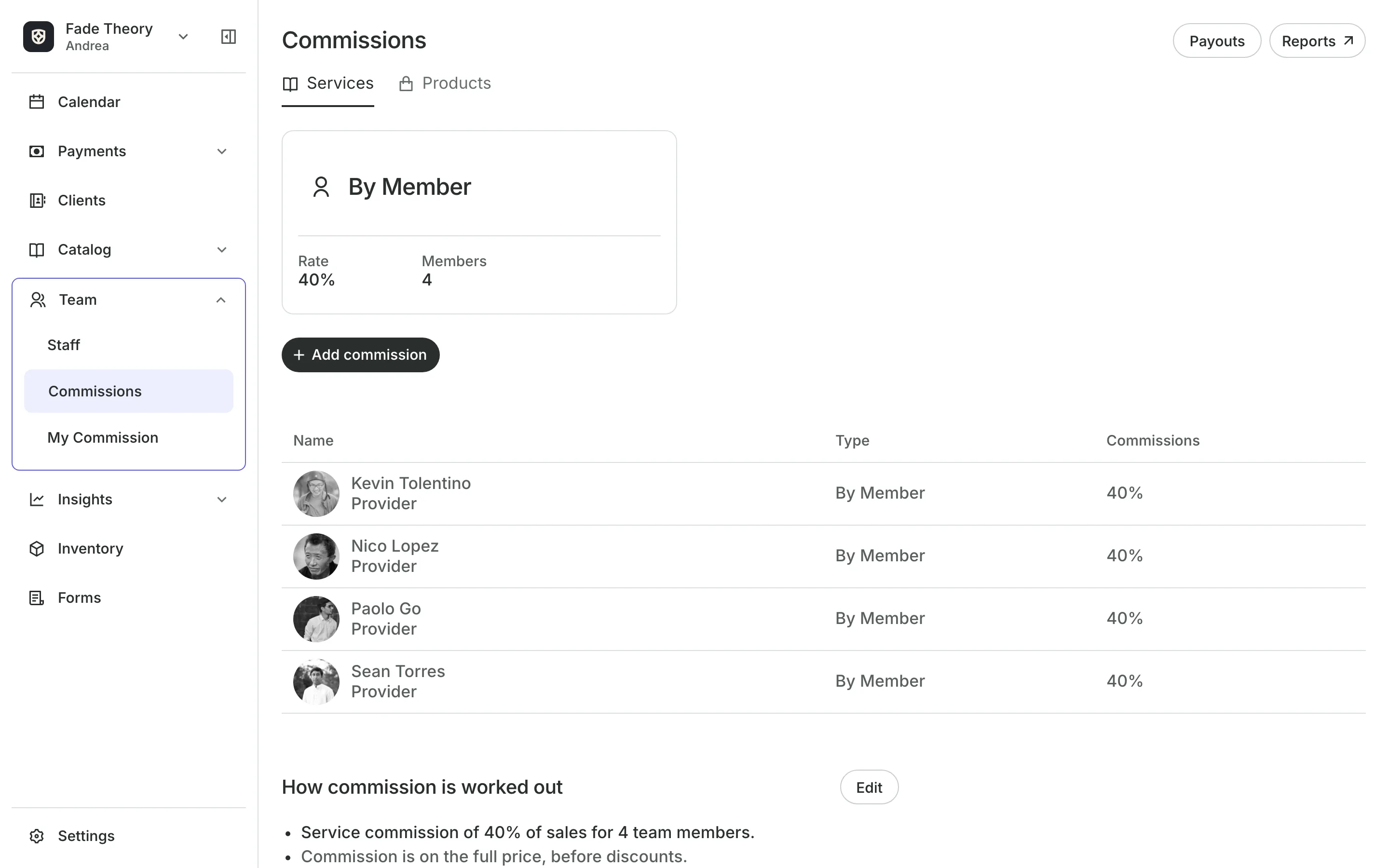 Commissions: the rate for each team member and how commission is worked out