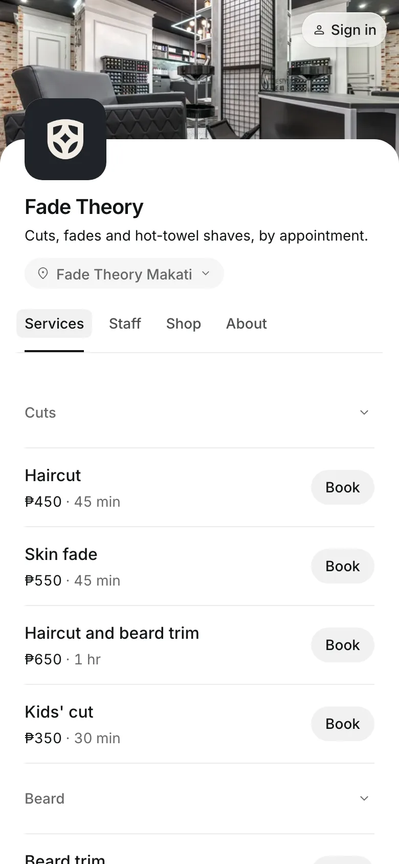 The business's booking page on a phone