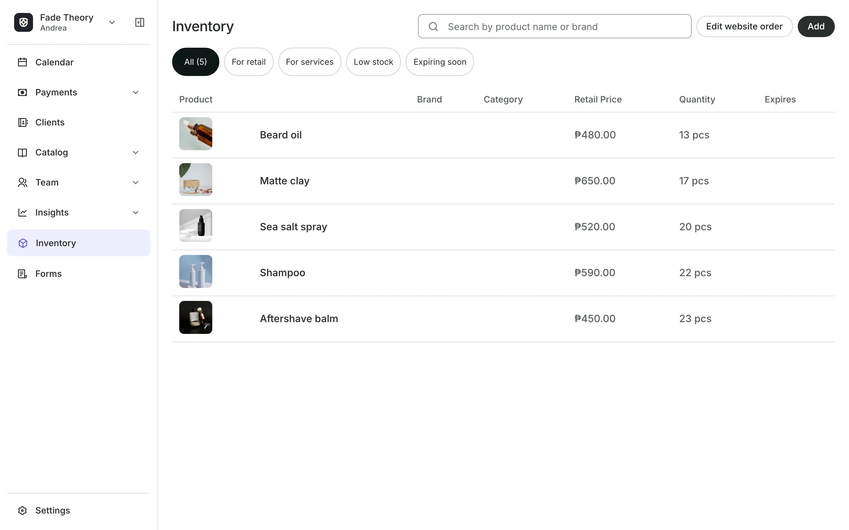 Inventory: each product and its stock