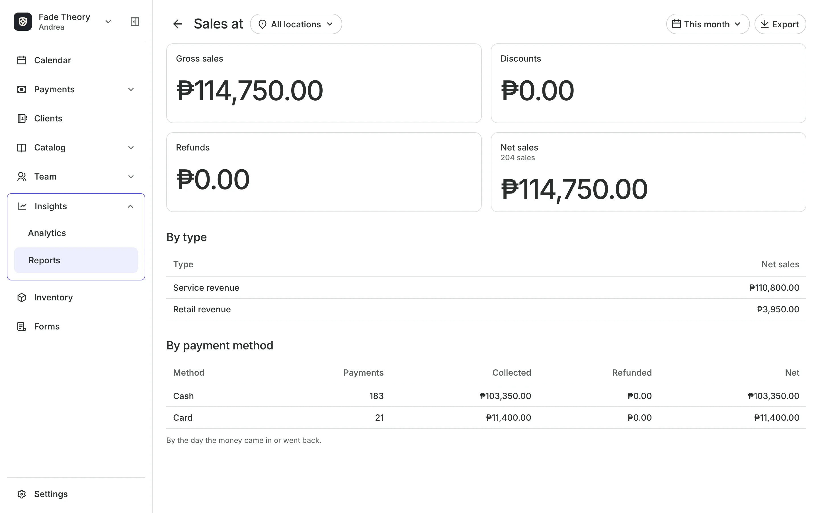 The sales report: gross and net sales, by type and by payment method