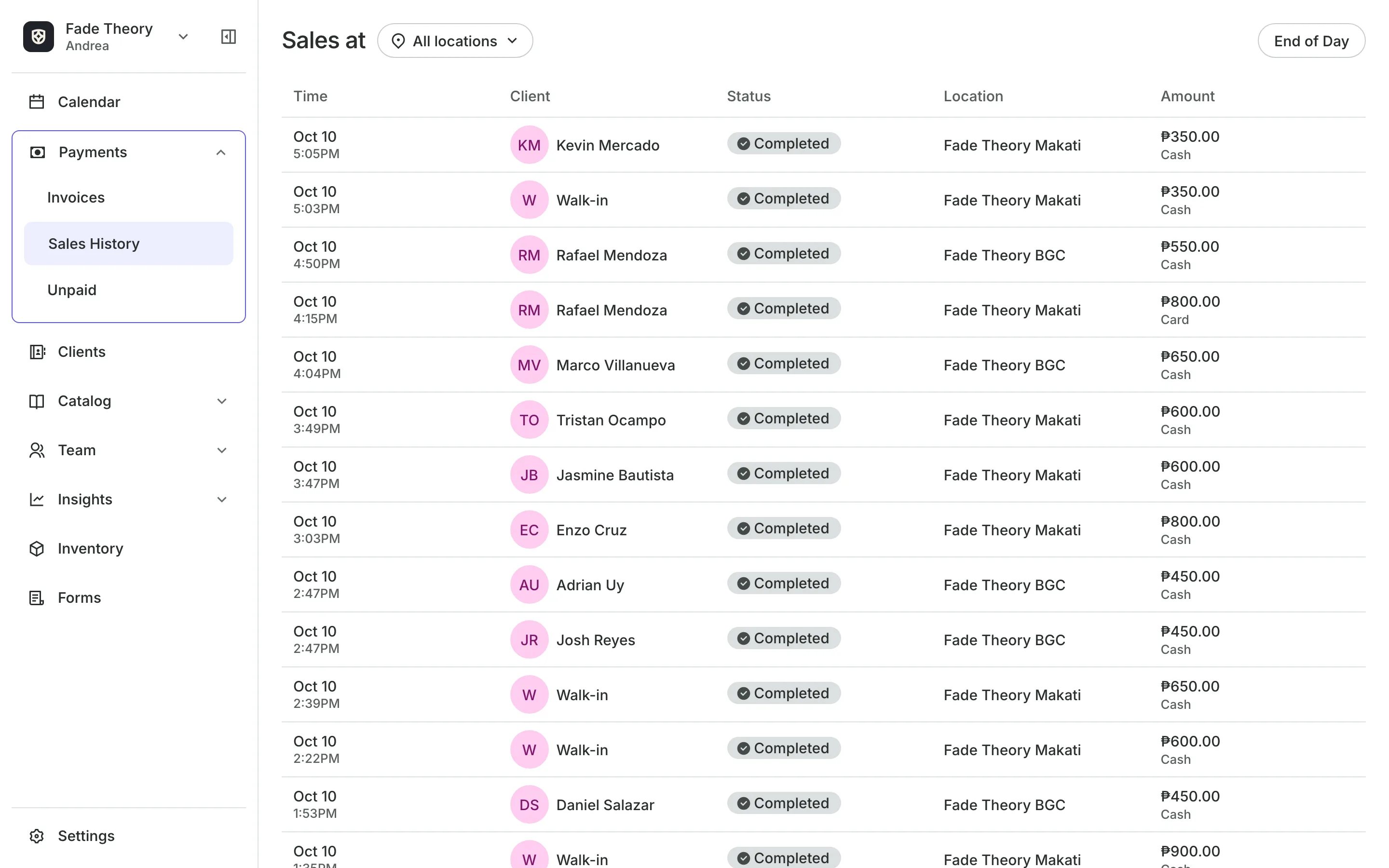 Sales history: every sale and how it was paid