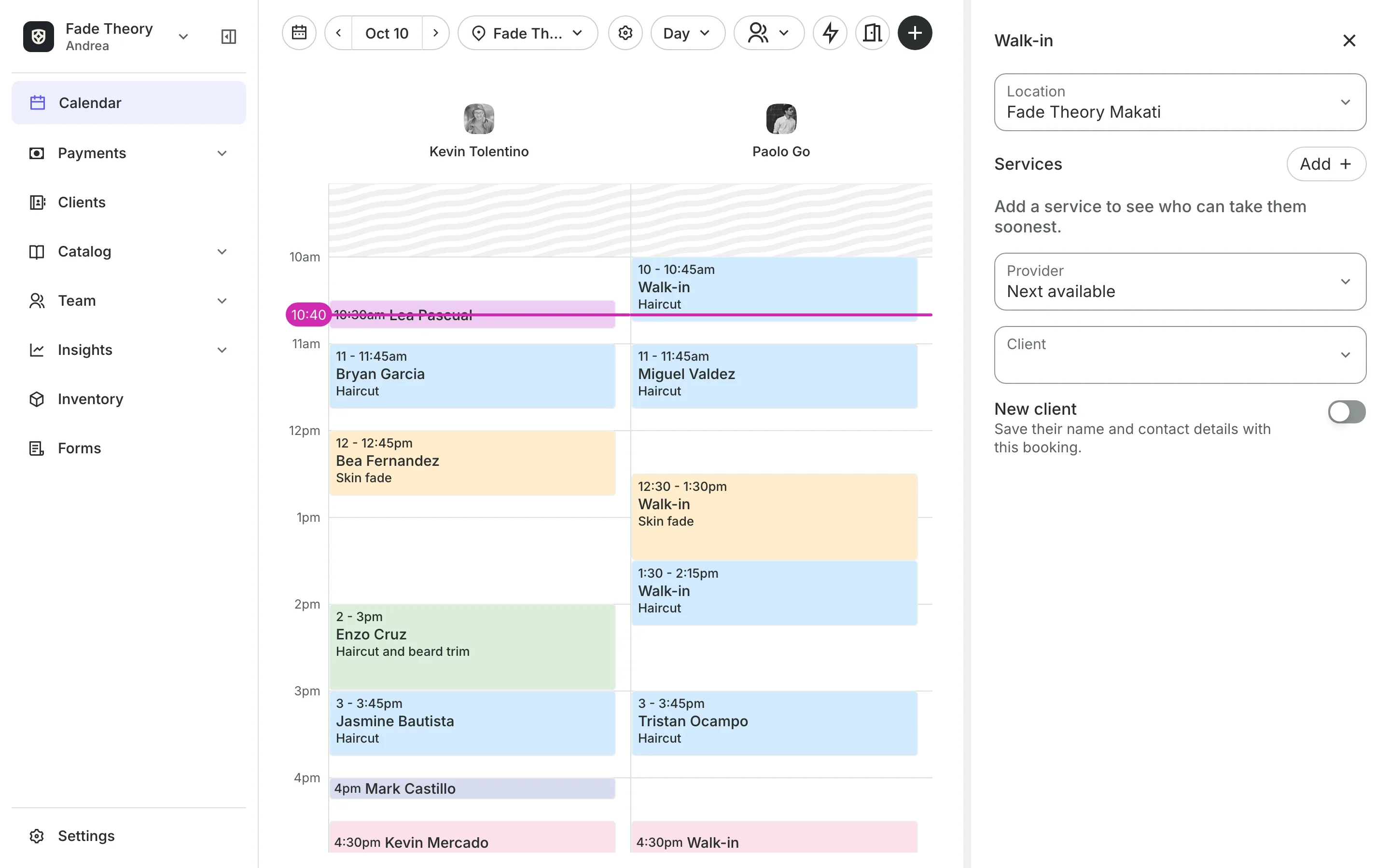 Adding a walk-in from the calendar, with each person's next free time