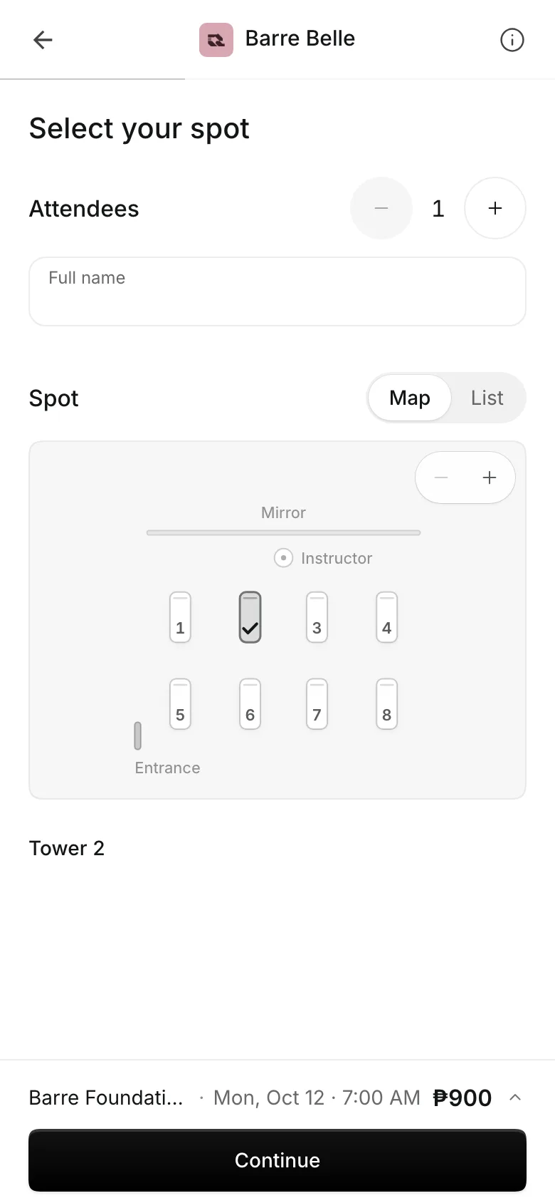 Booking a class on a phone: the spot or the pack, then checkout