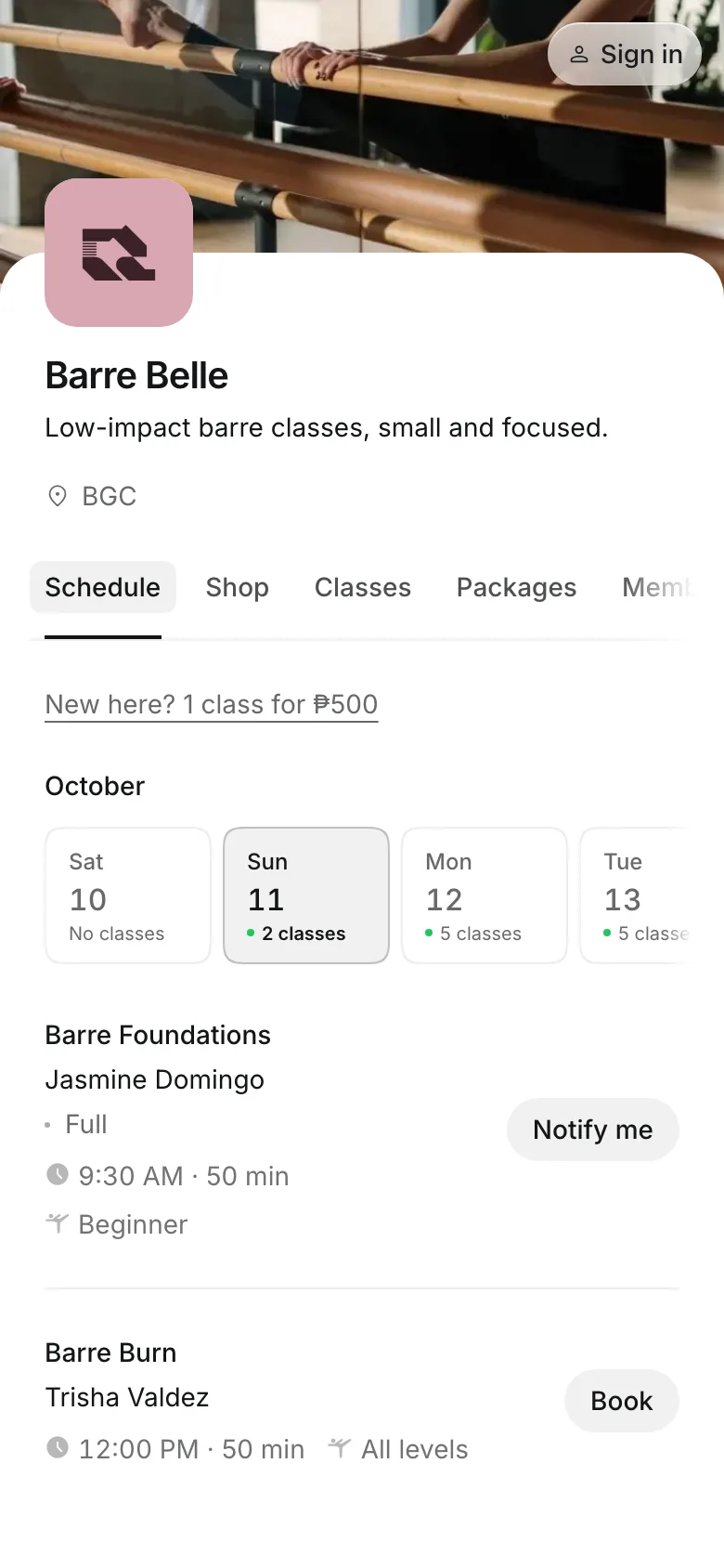 The business's booking page on a phone