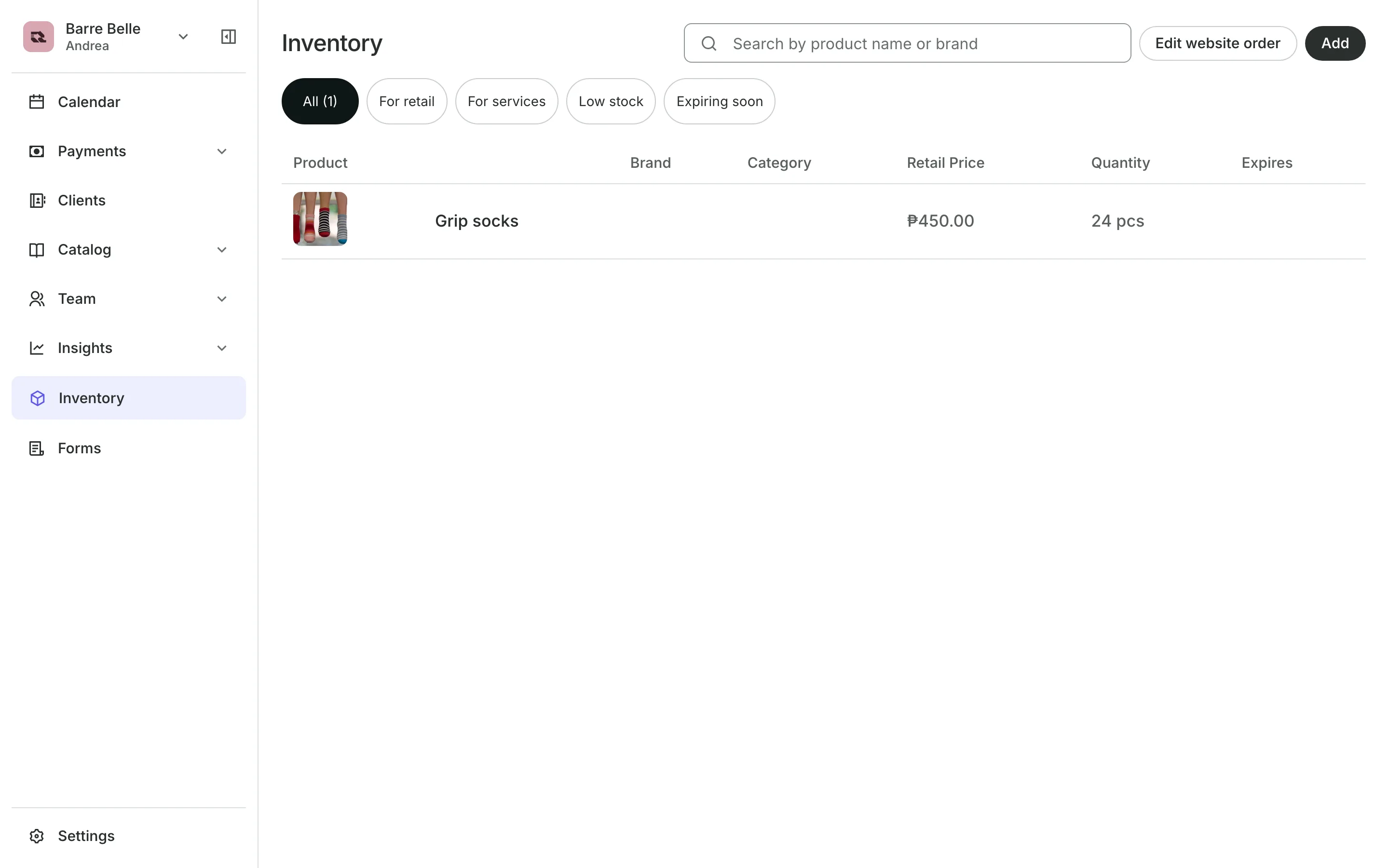 Inventory: each product and its stock