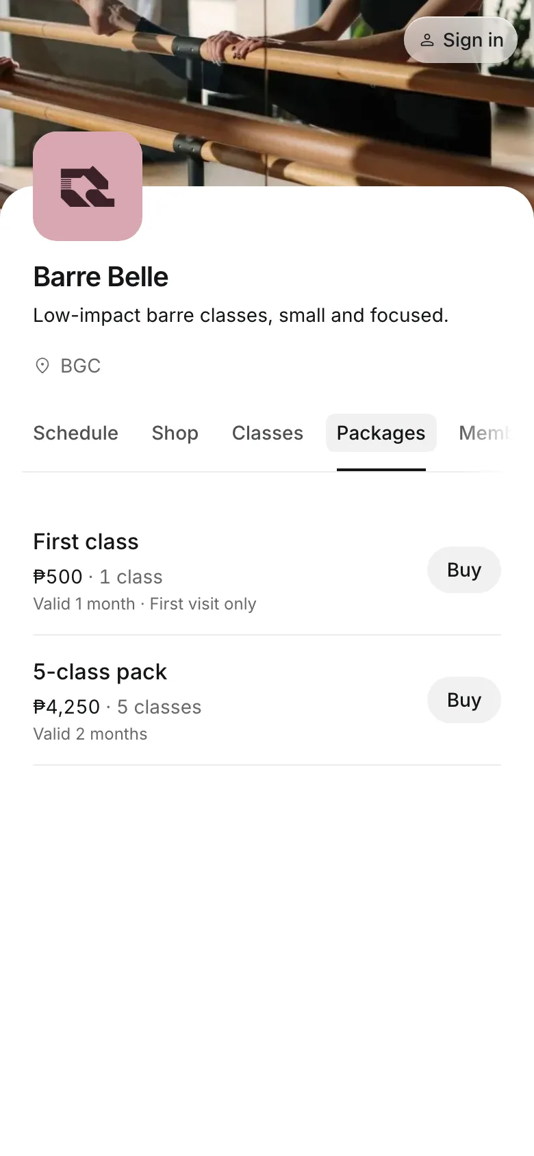 Packages and memberships on the booking page, on a phone