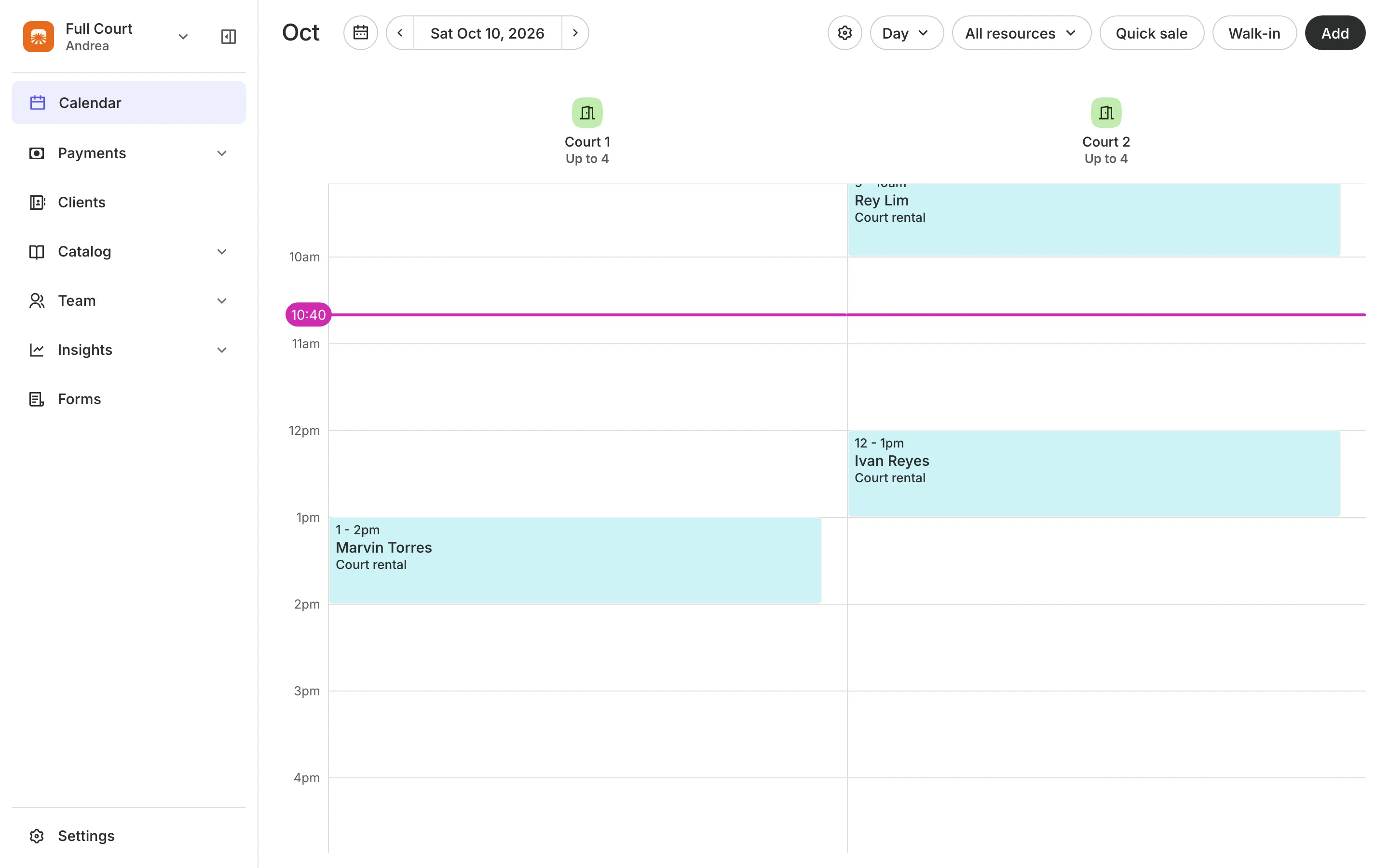 The calendar in day view: the team's columns and the day's bookings