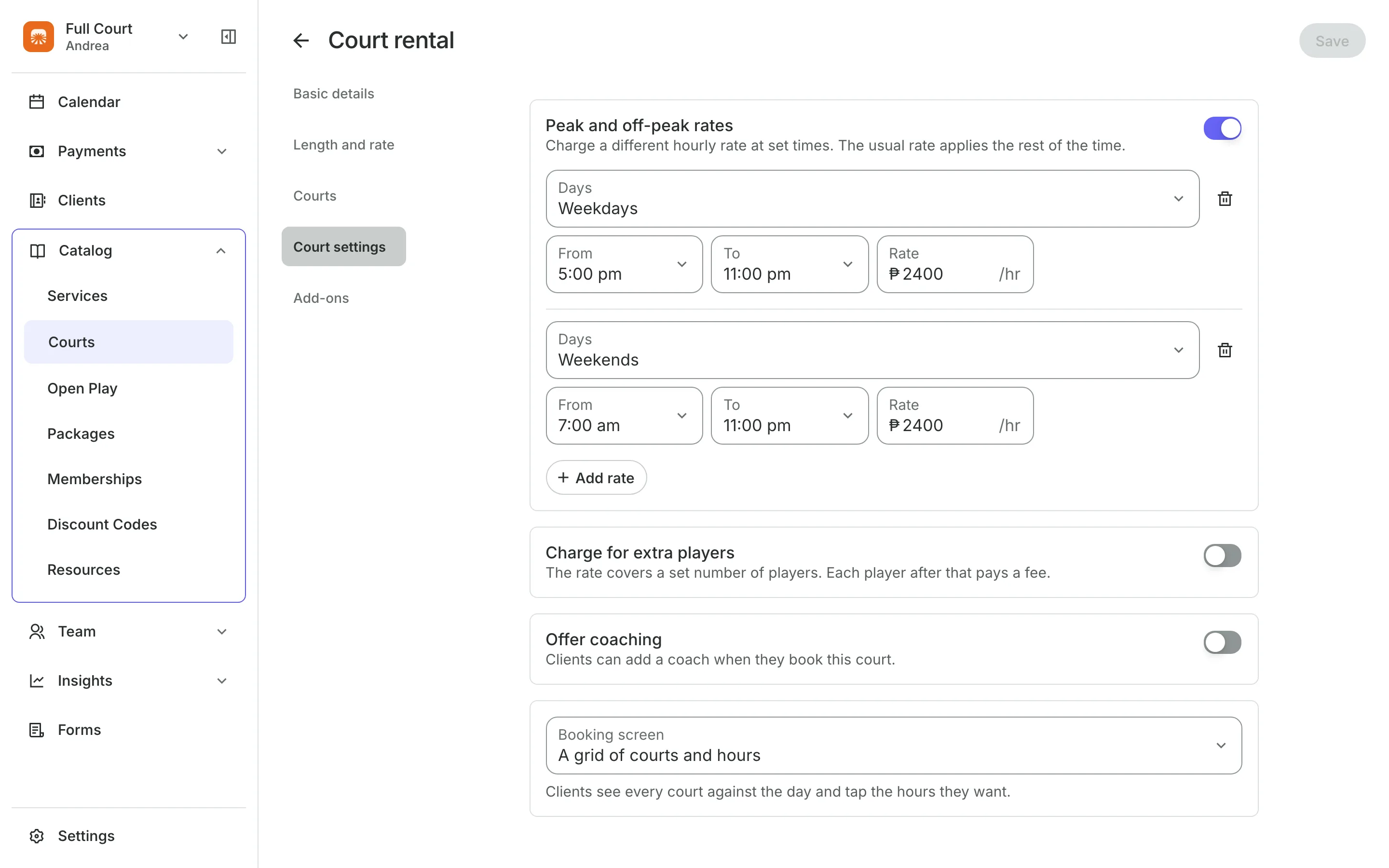 A court type's peak and off-peak rates by day and time