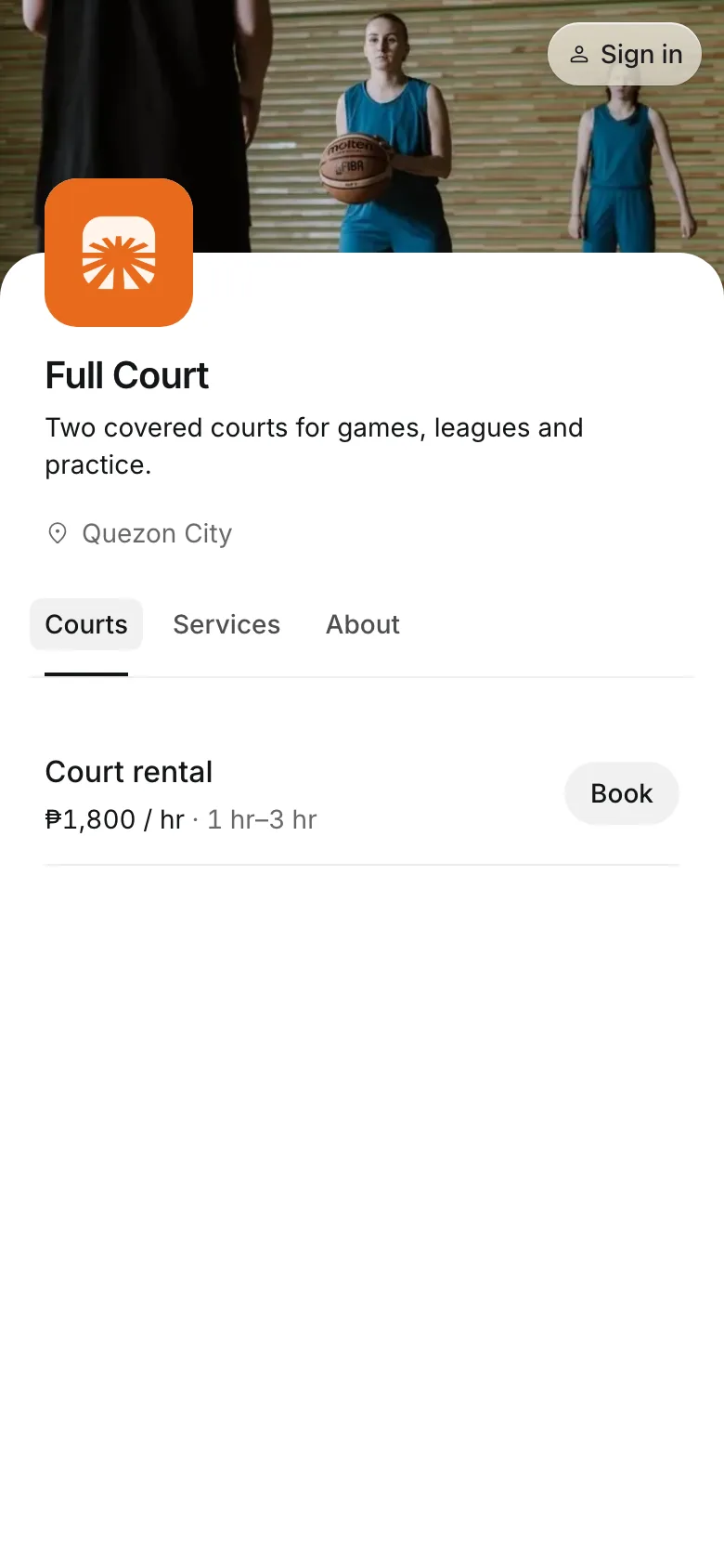 The business's booking page on a phone