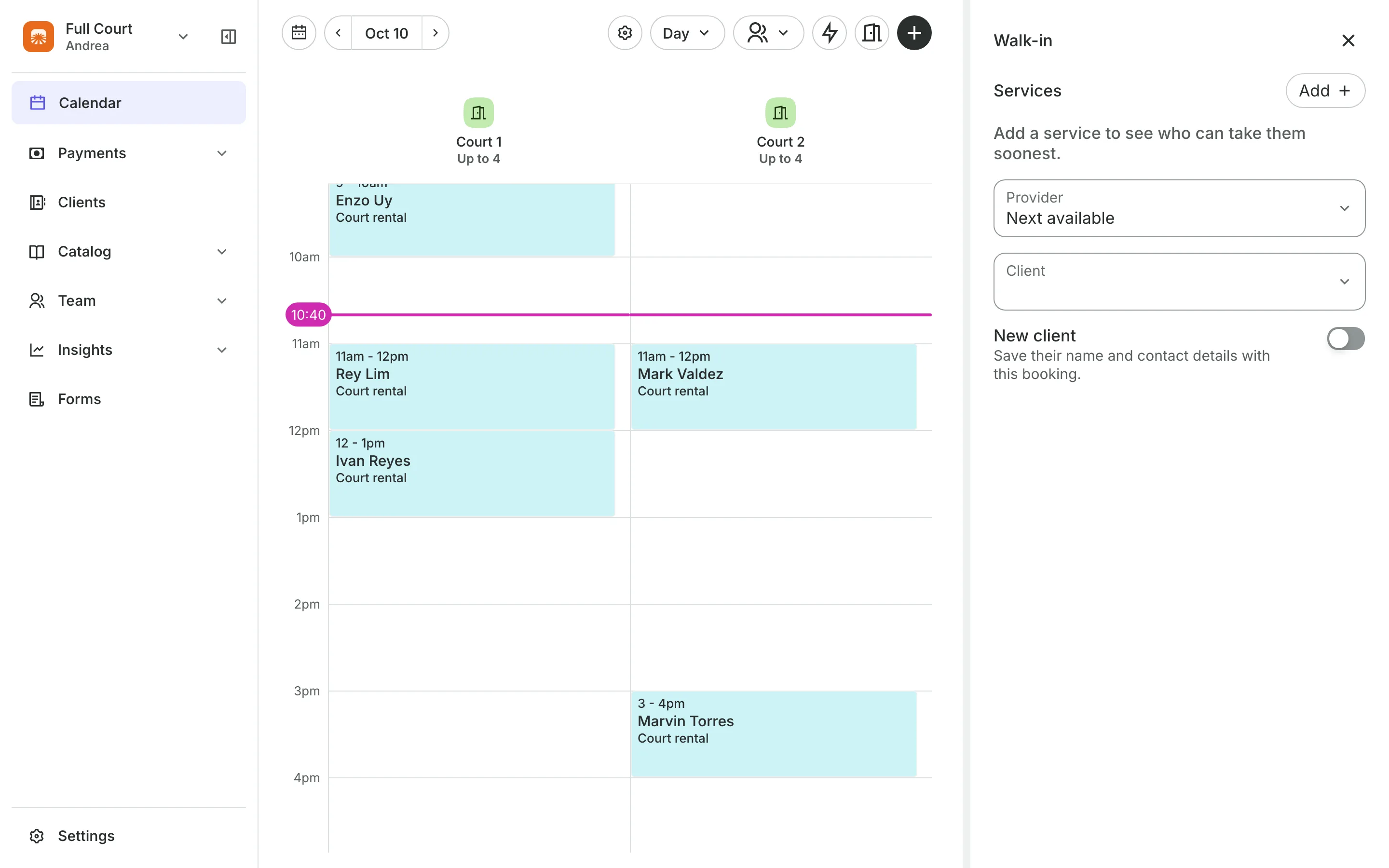 Adding a walk-in from the calendar, with each person's next free time