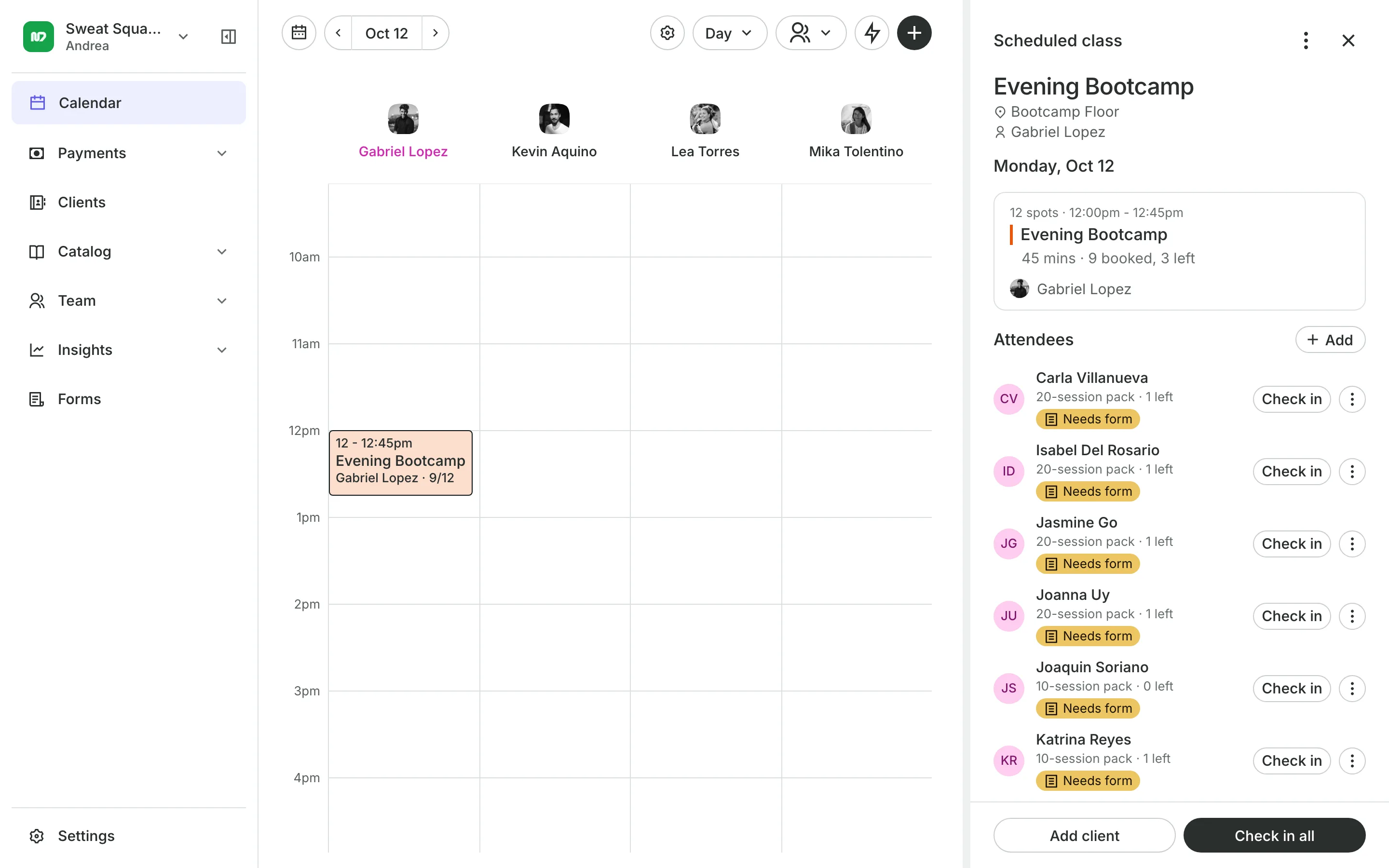 A class open from the calendar: who is booked, how each pays, and Check in all