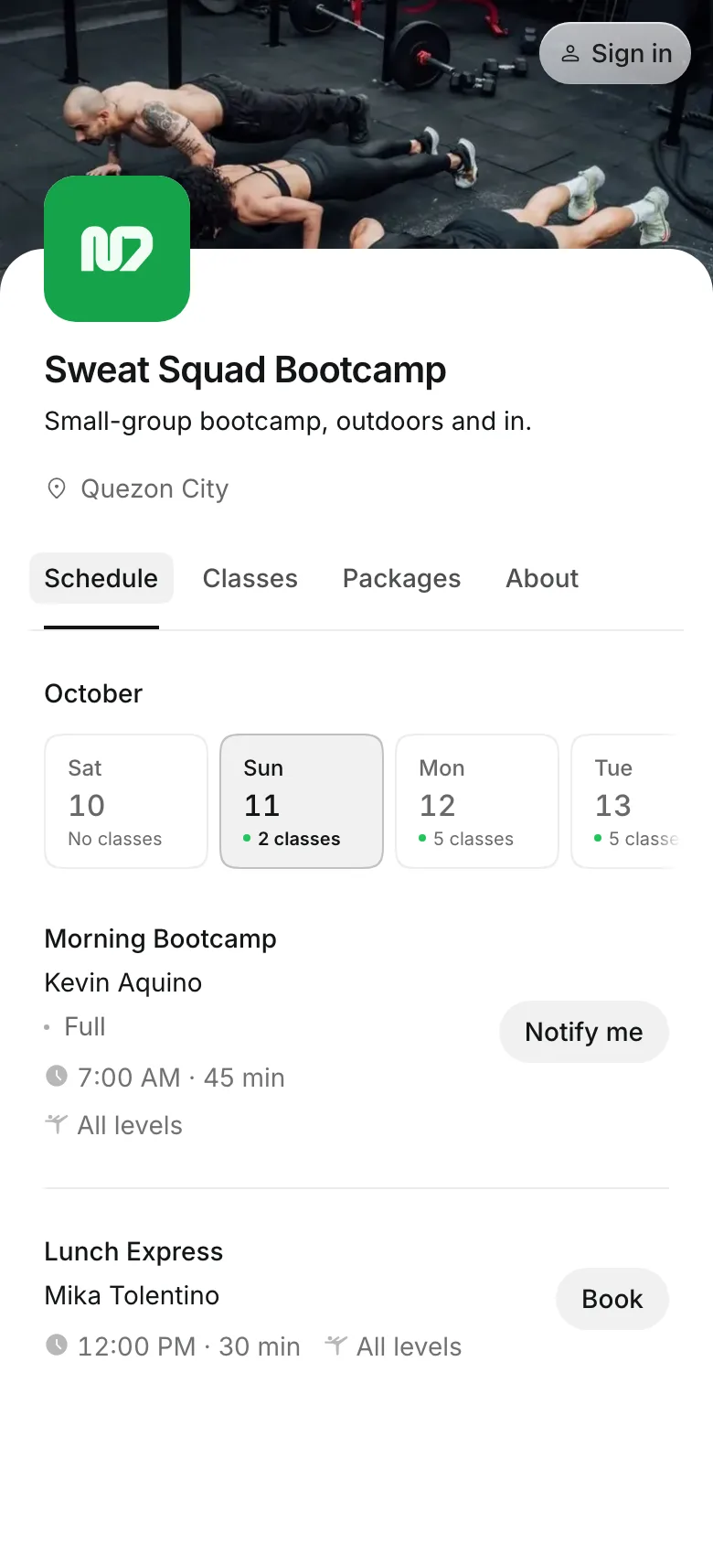The business's booking page on a phone
