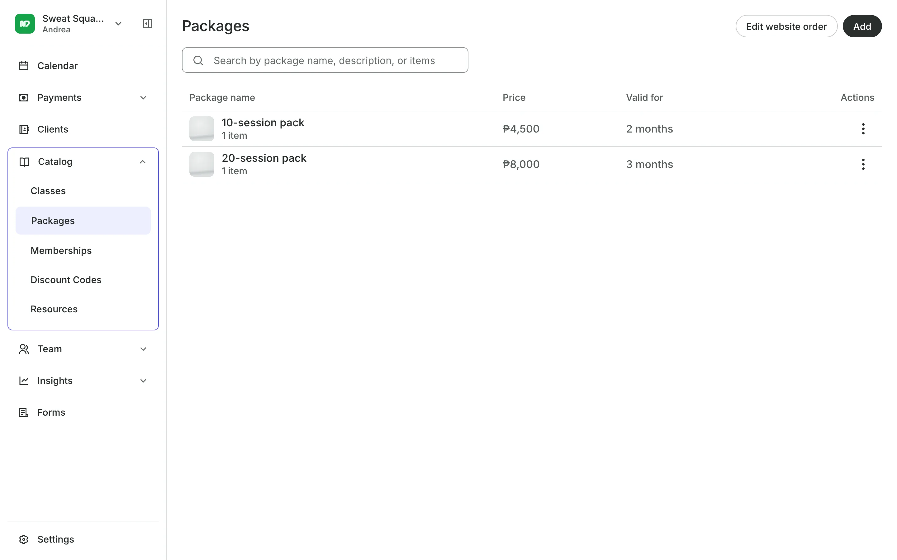 Packages for sale, each with its sessions and price