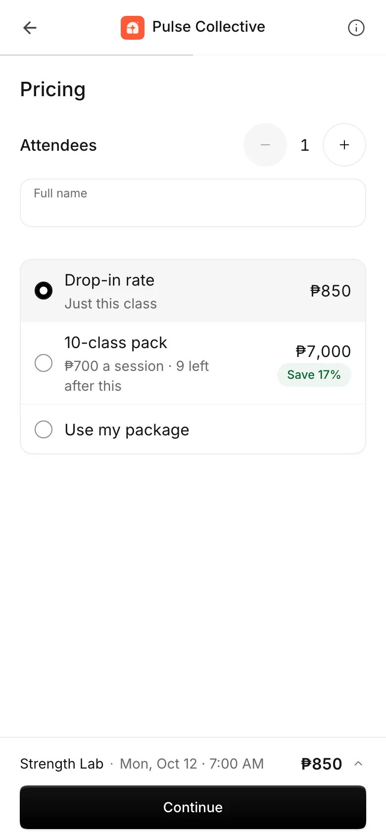 Booking a class on a phone: the spot or the pack, then checkout