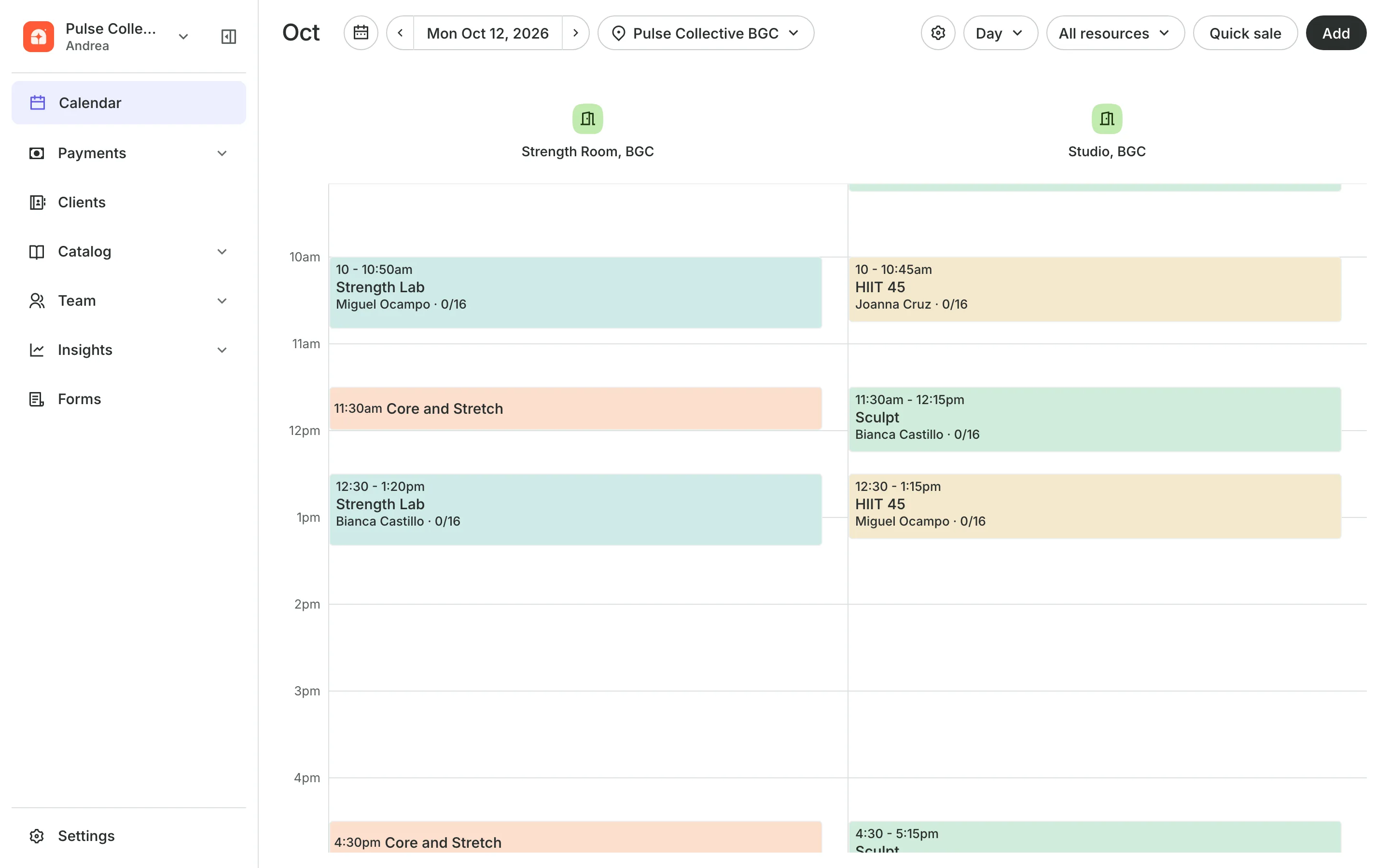 The calendar in day view: the day's classes, each with how many are booked
