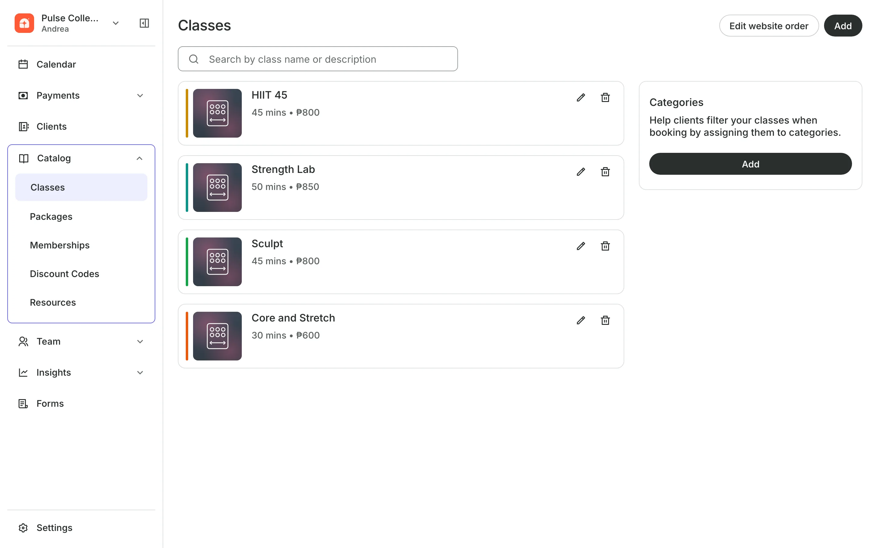 The class list with each class's length and price
