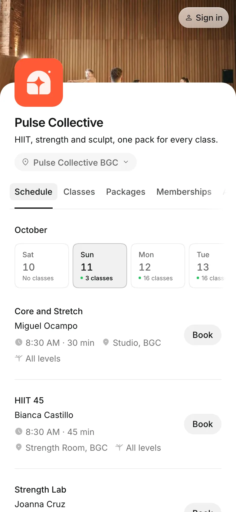 The business's booking page on a phone