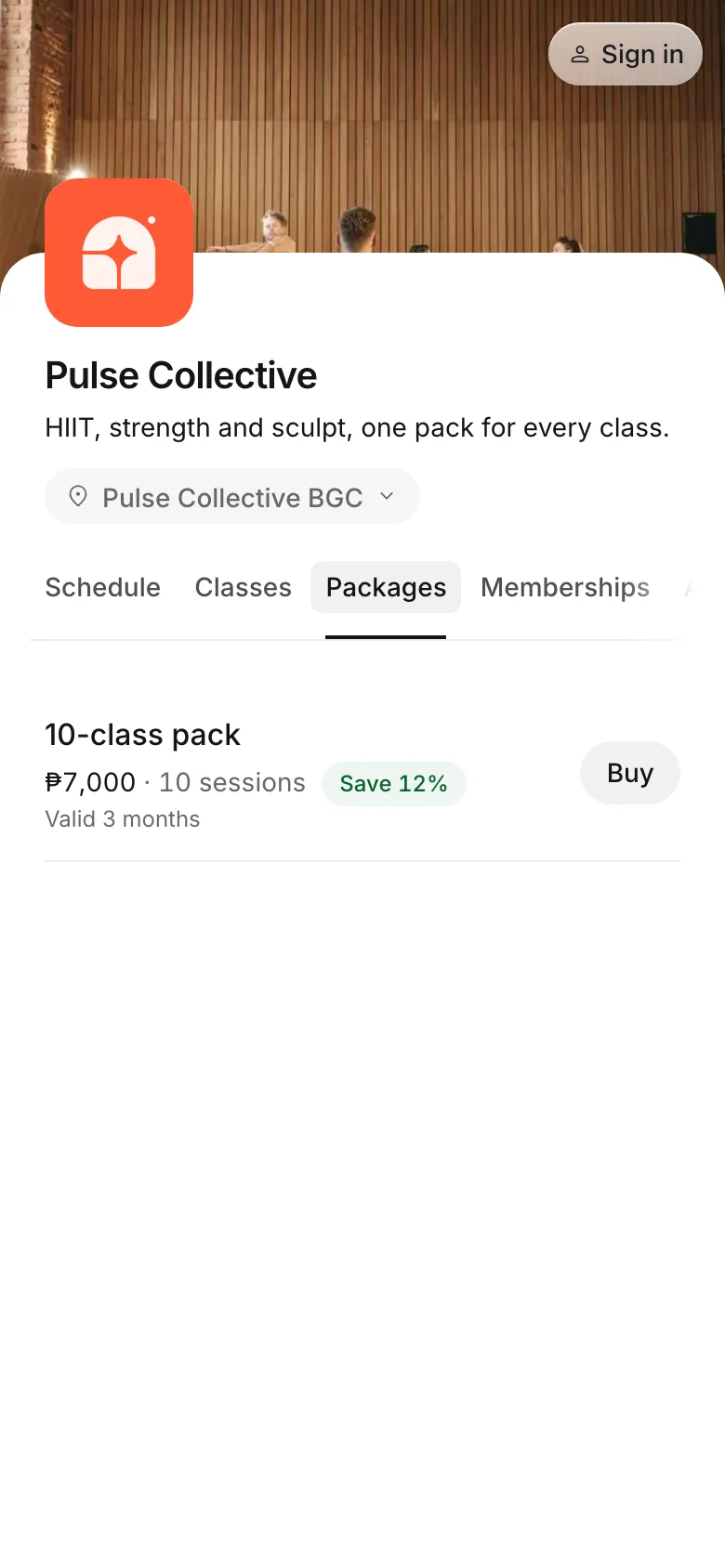 Packages and memberships on the booking page, on a phone