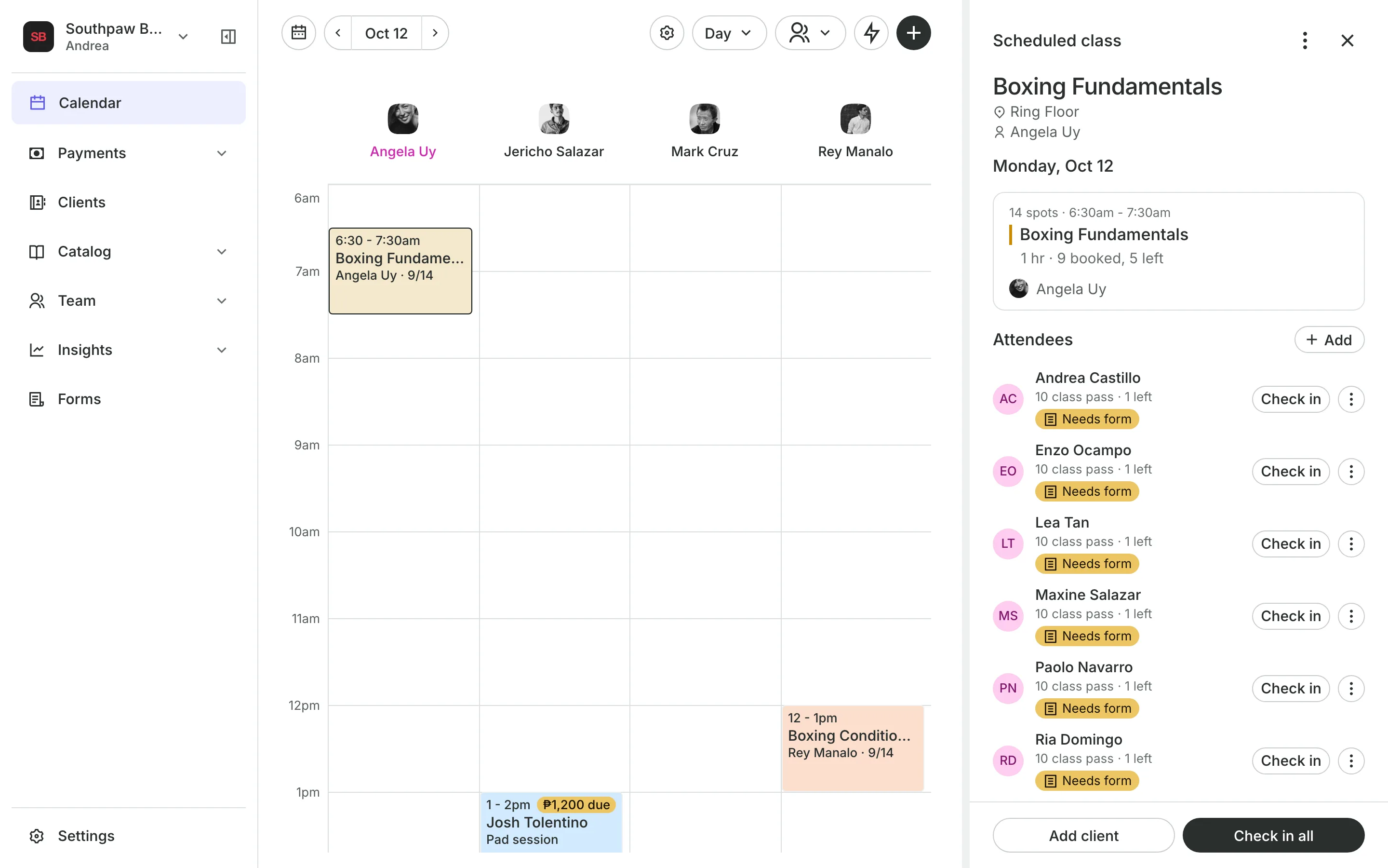 A class open from the calendar: who is booked, how each pays, and Check in all