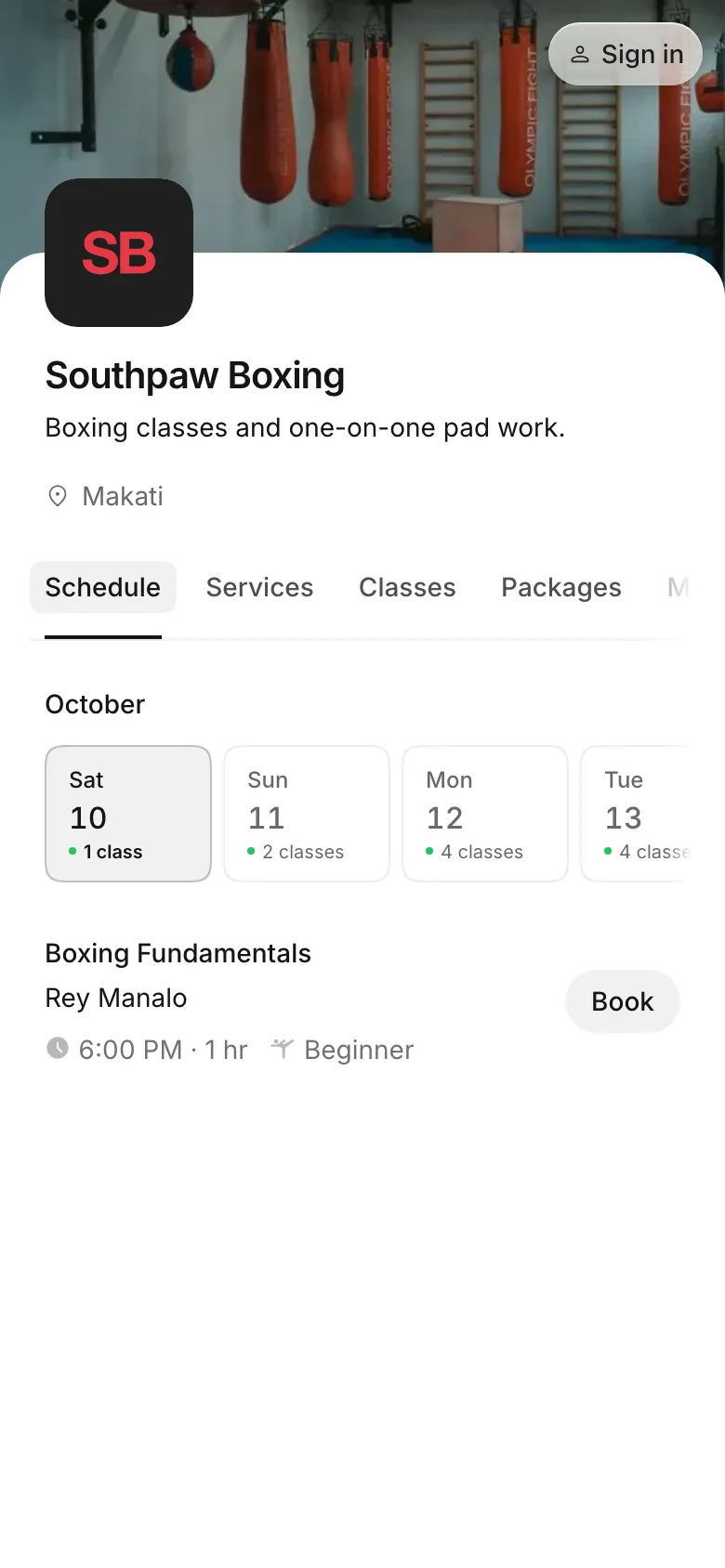 The business's booking page on a phone