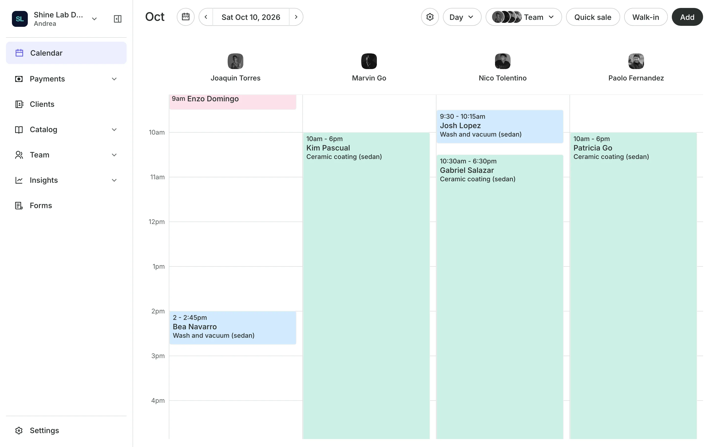 The calendar in day view: the team's columns and the day's bookings