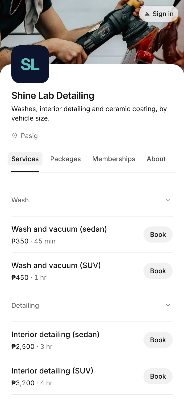 The business's booking page on a phone