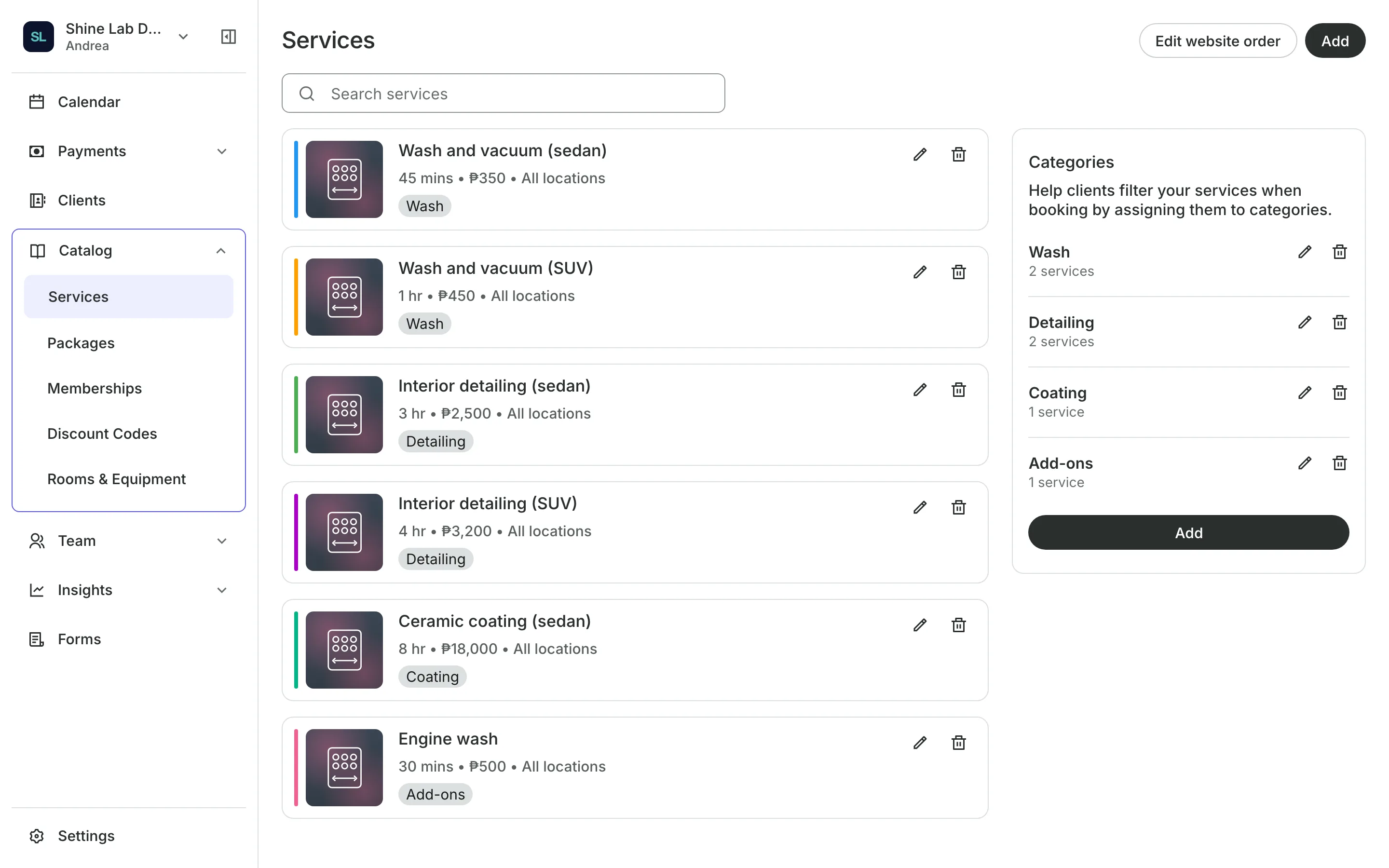 The service menu with each service's price and length