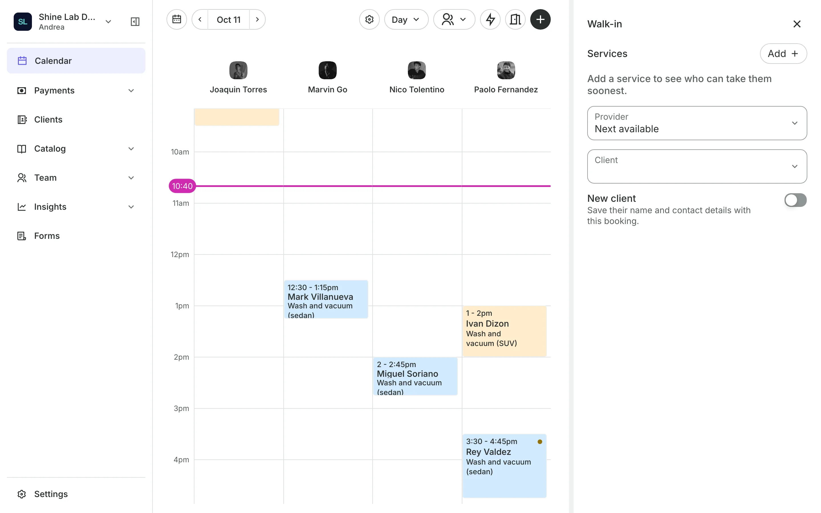 Adding a walk-in from the calendar, with each person's next free time