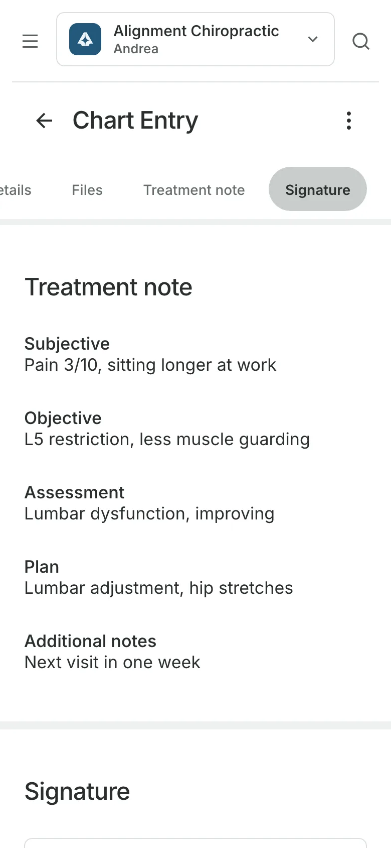 A signed chart entry on a phone: the treatment note, section by section