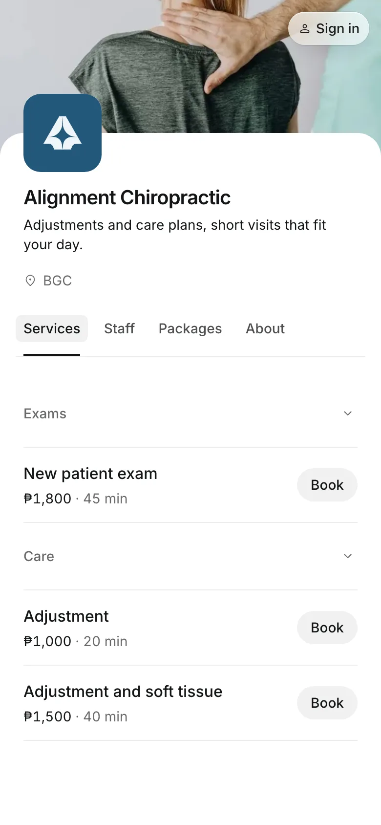The business's booking page on a phone