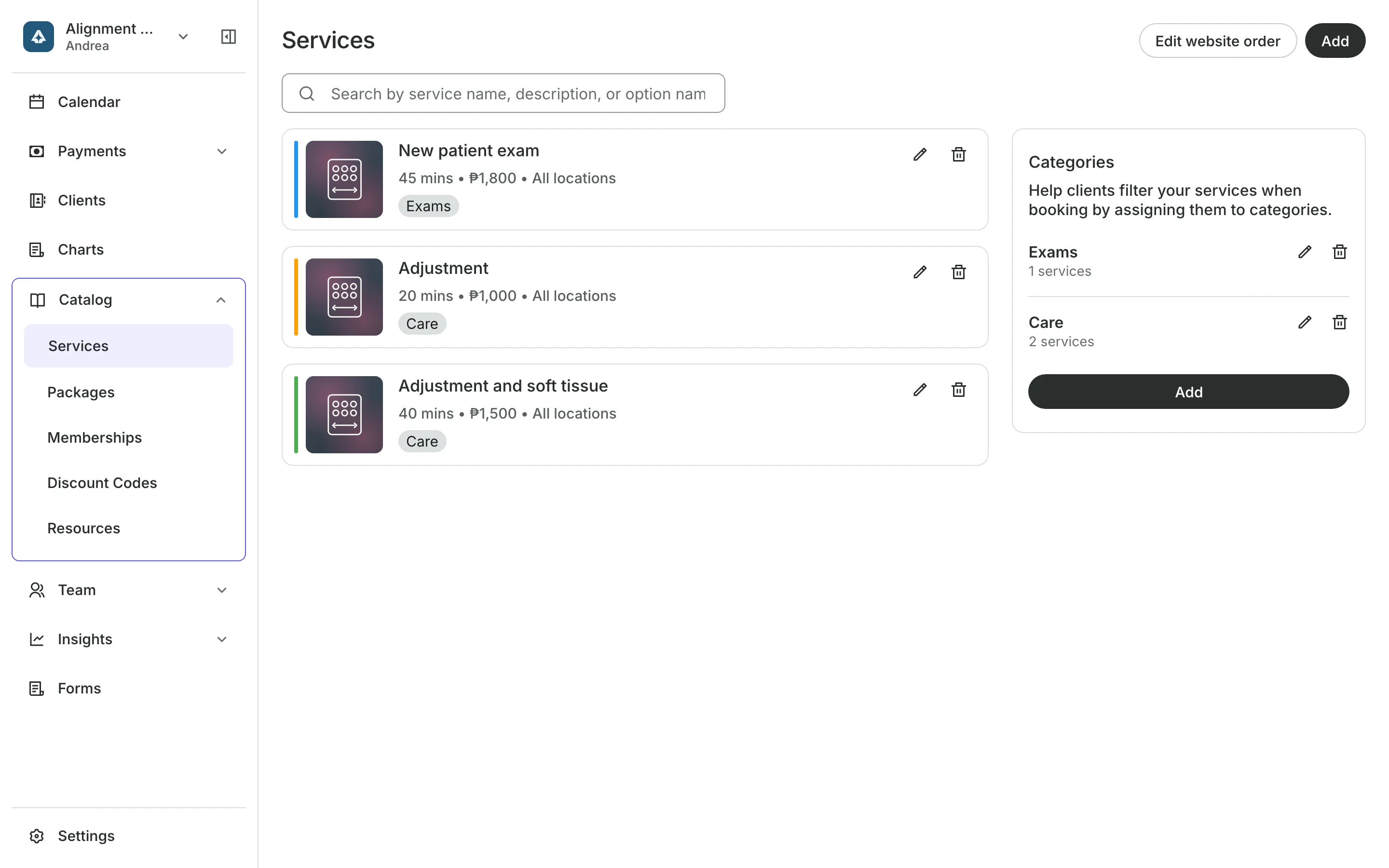 The service menu with each service's price and length