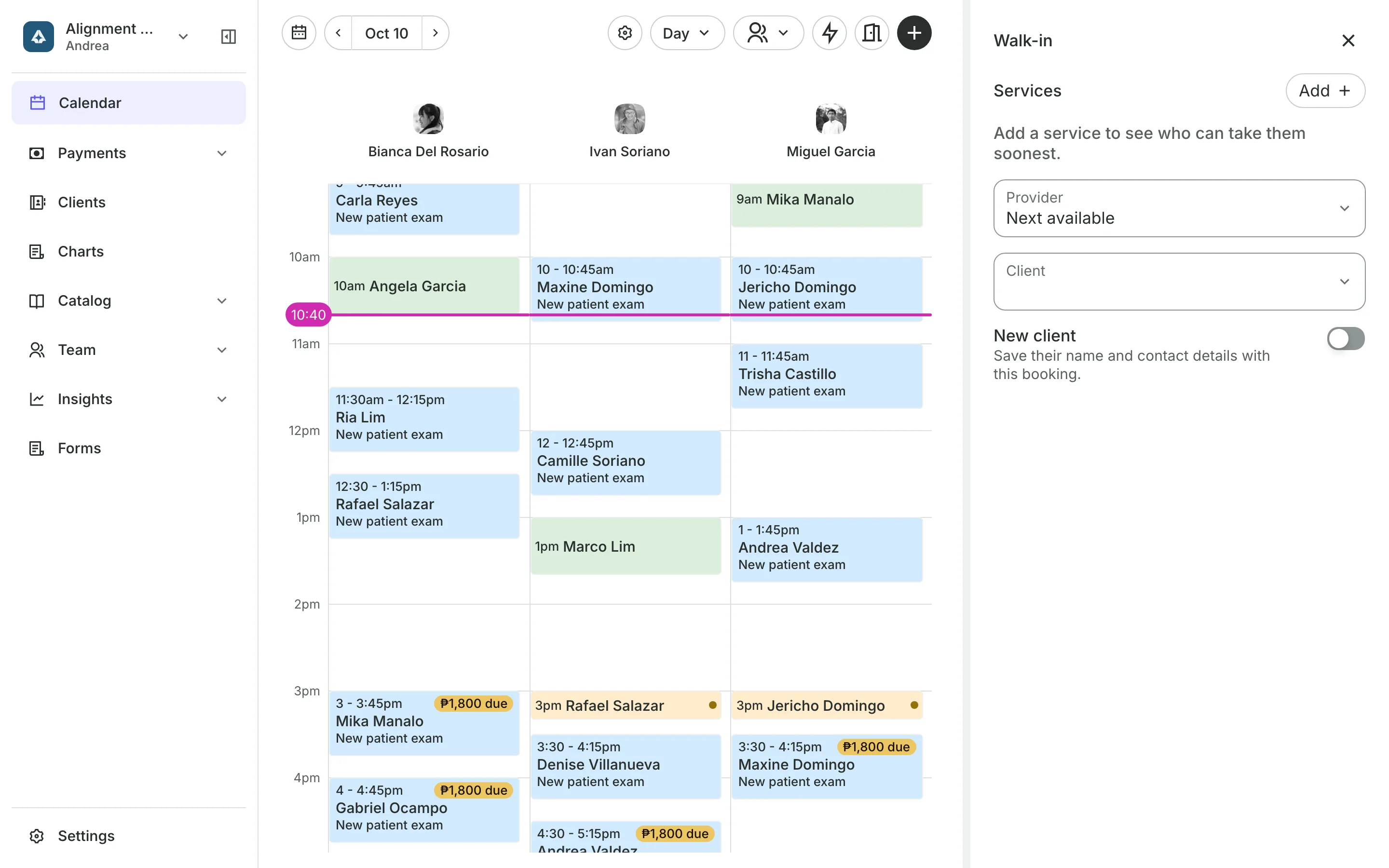 Adding a walk-in from the calendar, with each person's next free time