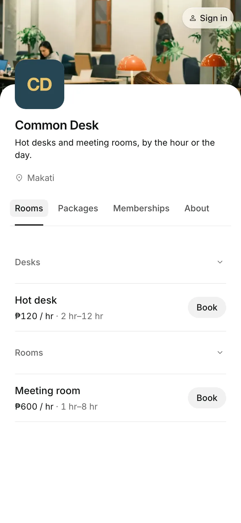 The business's booking page on a phone
