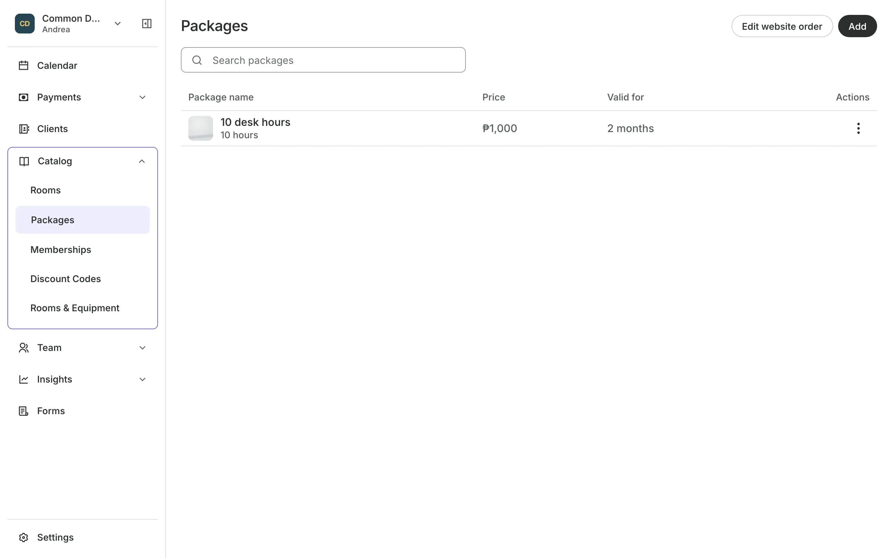 Packages for sale, each with its sessions and price