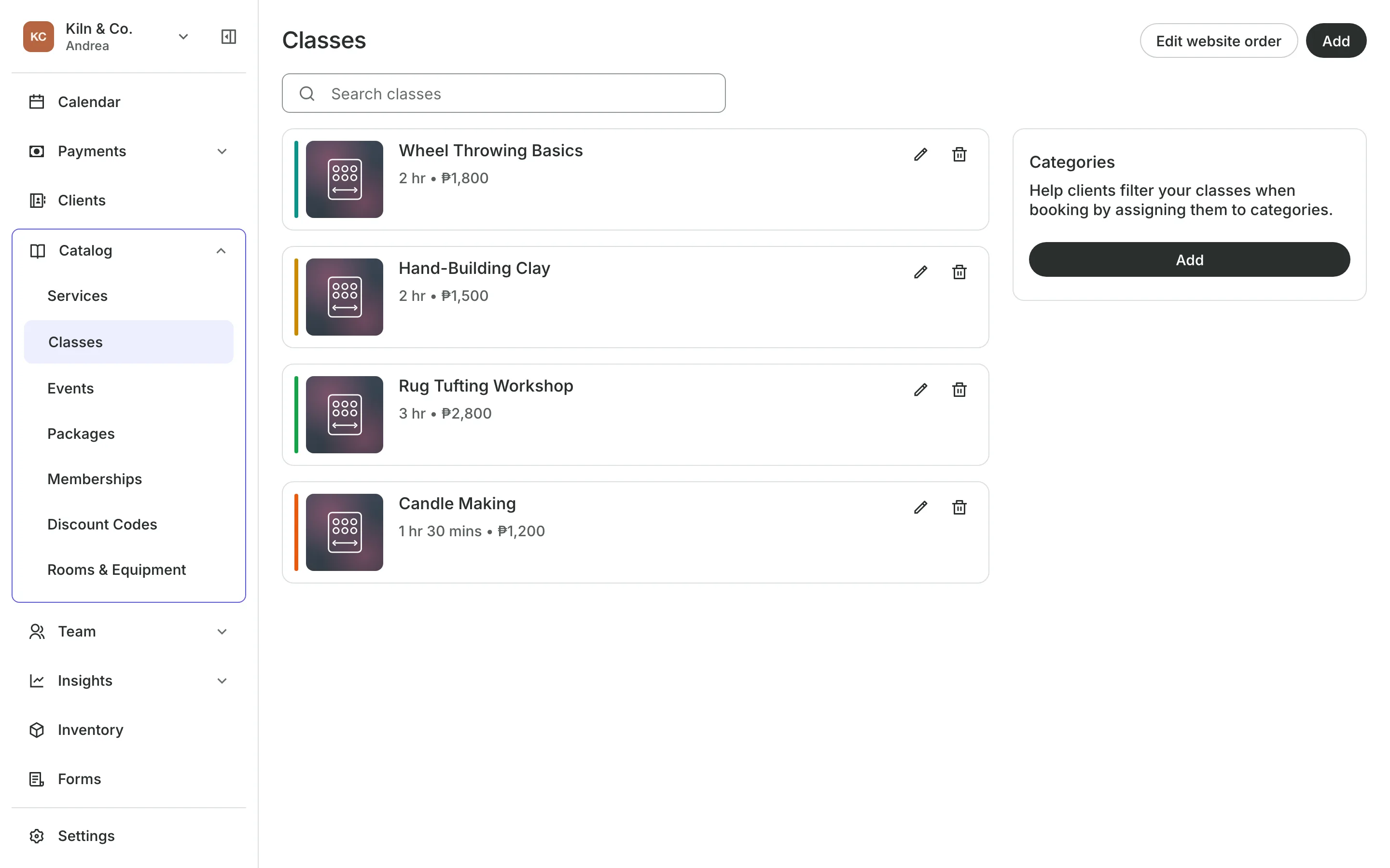 The class list with each class's length and price