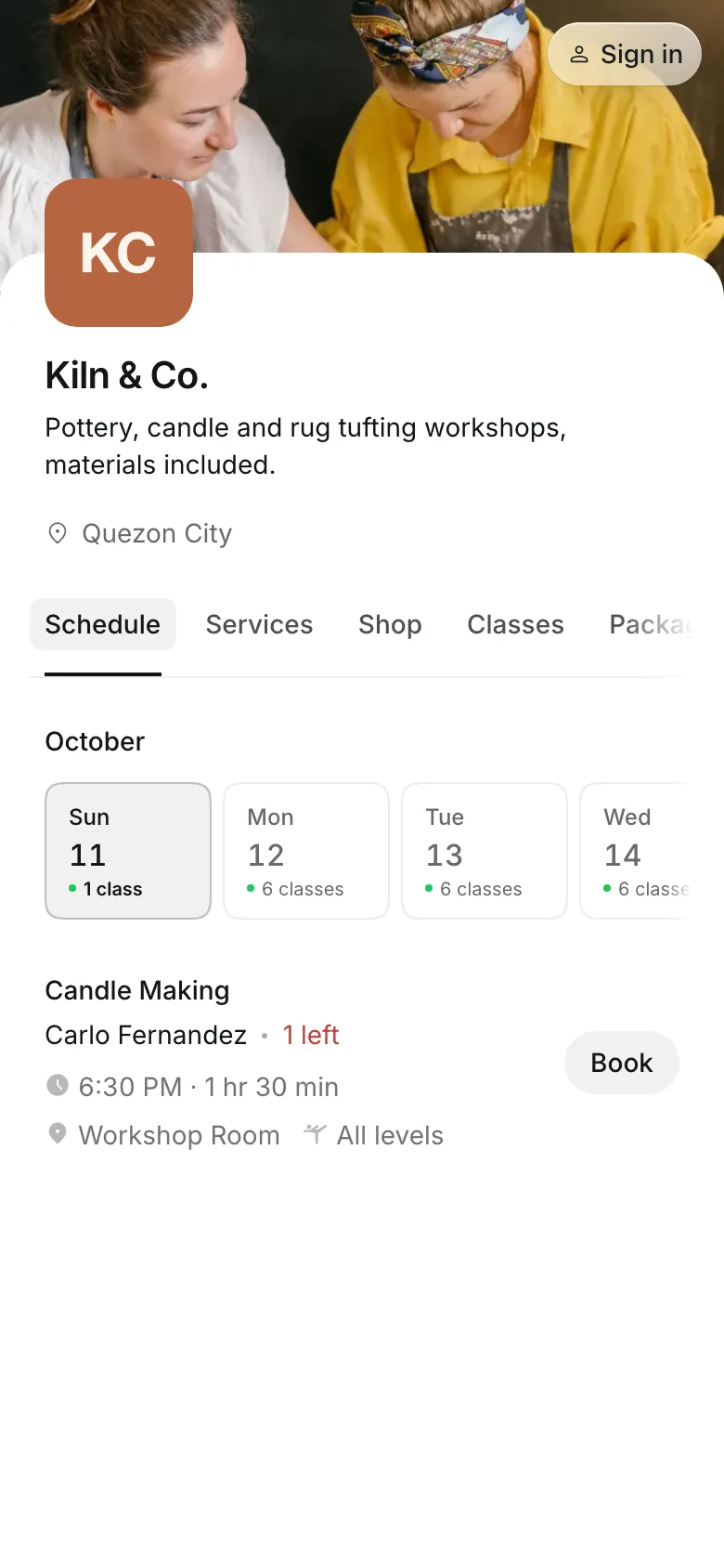 The business's booking page on a phone