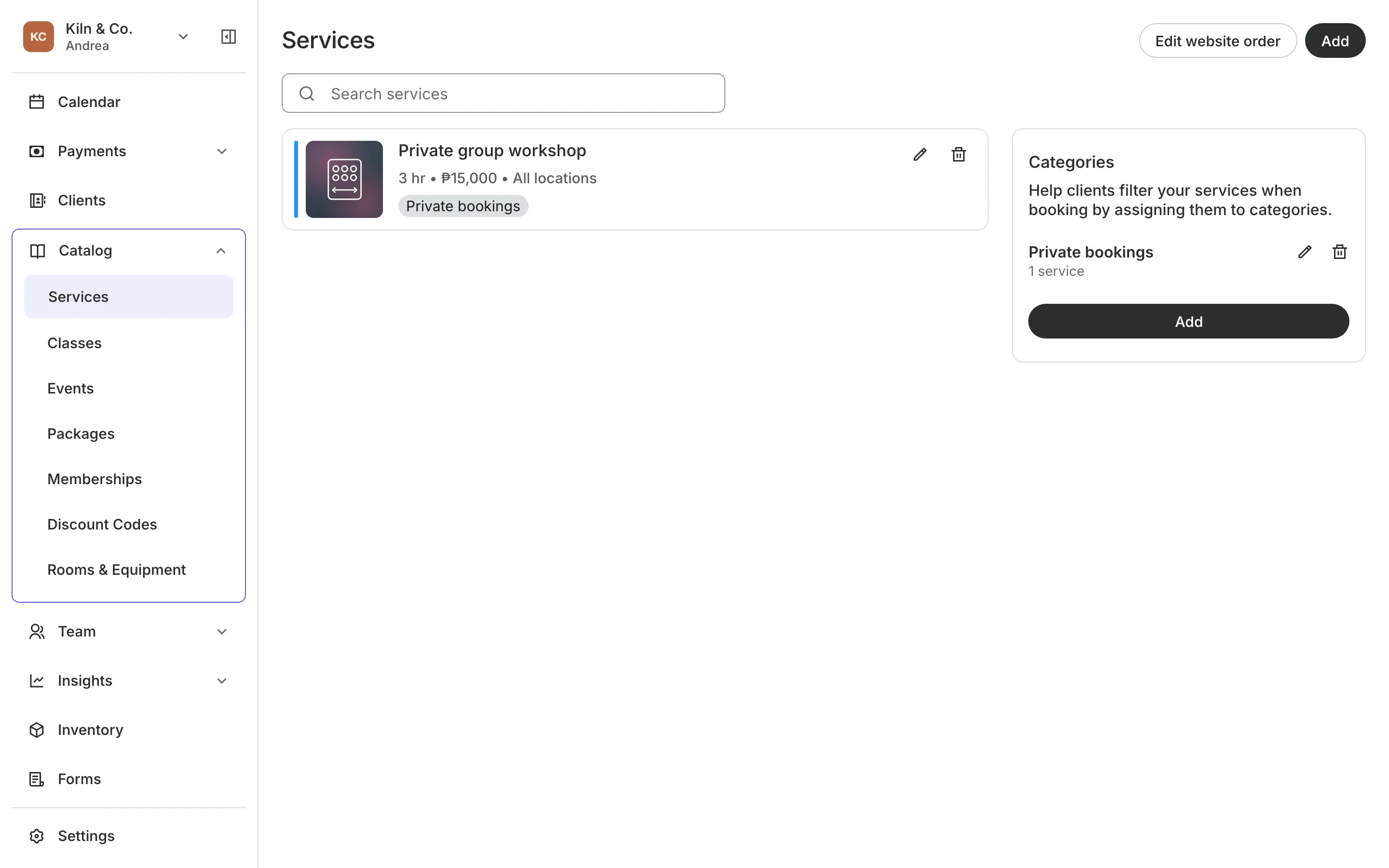 The service menu with each service's price and length