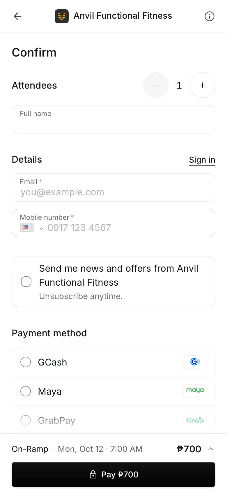 Booking a class on a phone: the spot or the pack, then checkout