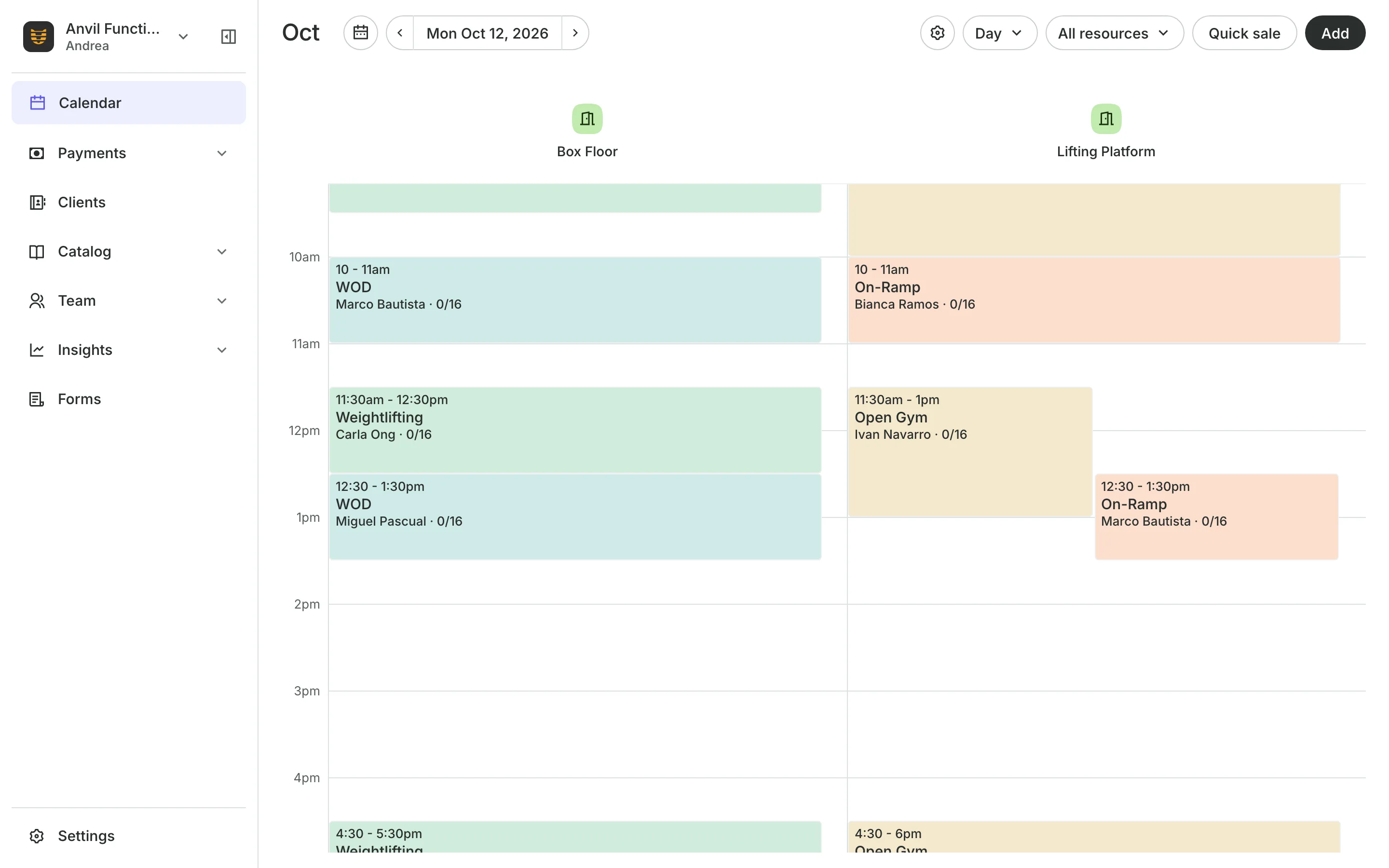The calendar in day view: the day's classes, each with how many are booked