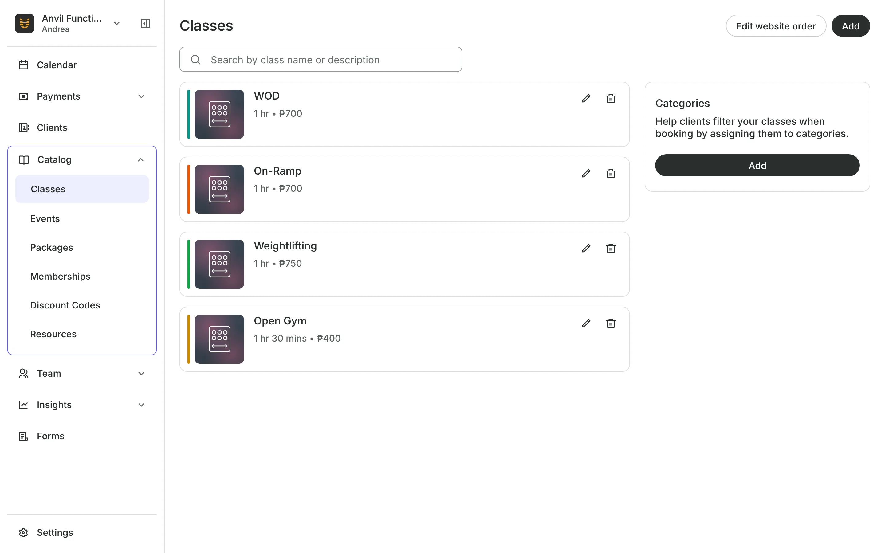 The class list with each class's length and price