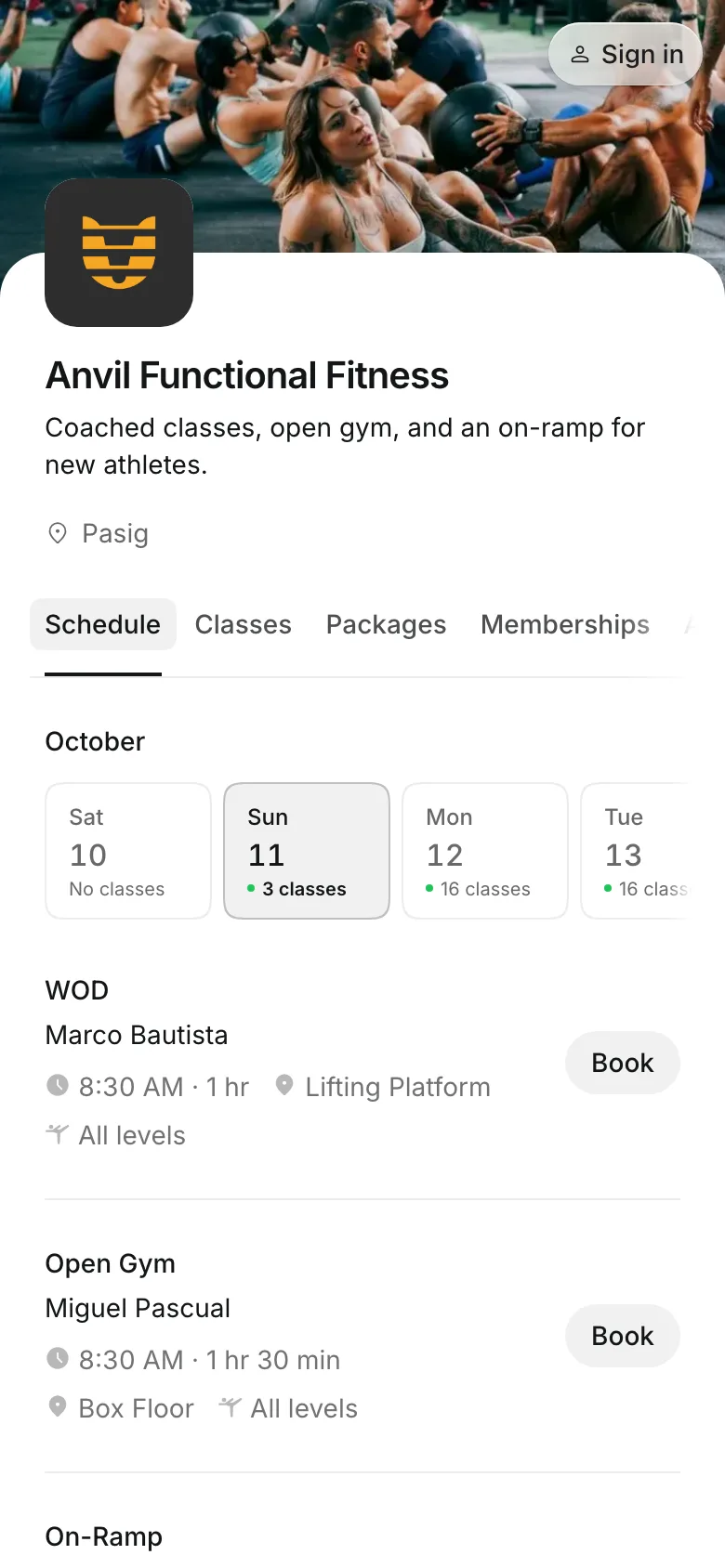 The business's booking page on a phone
