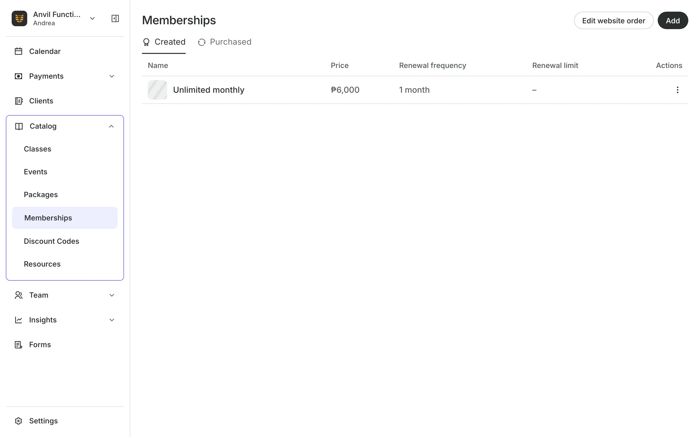 Memberships with each one's price and renewal