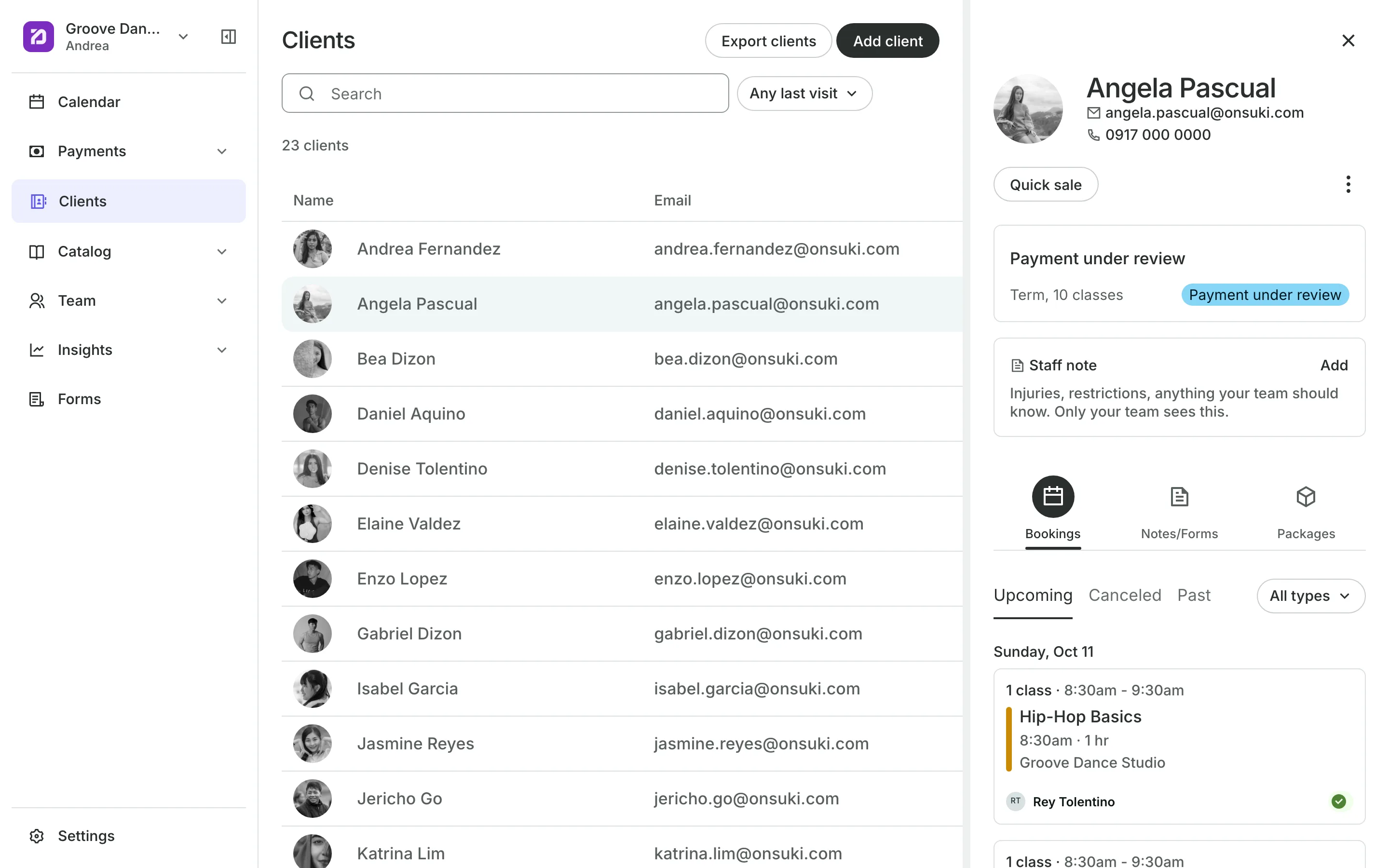 A client's profile: contact details, a staff note and their bookings
