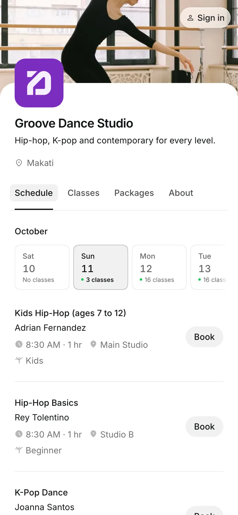 The business's booking page on a phone