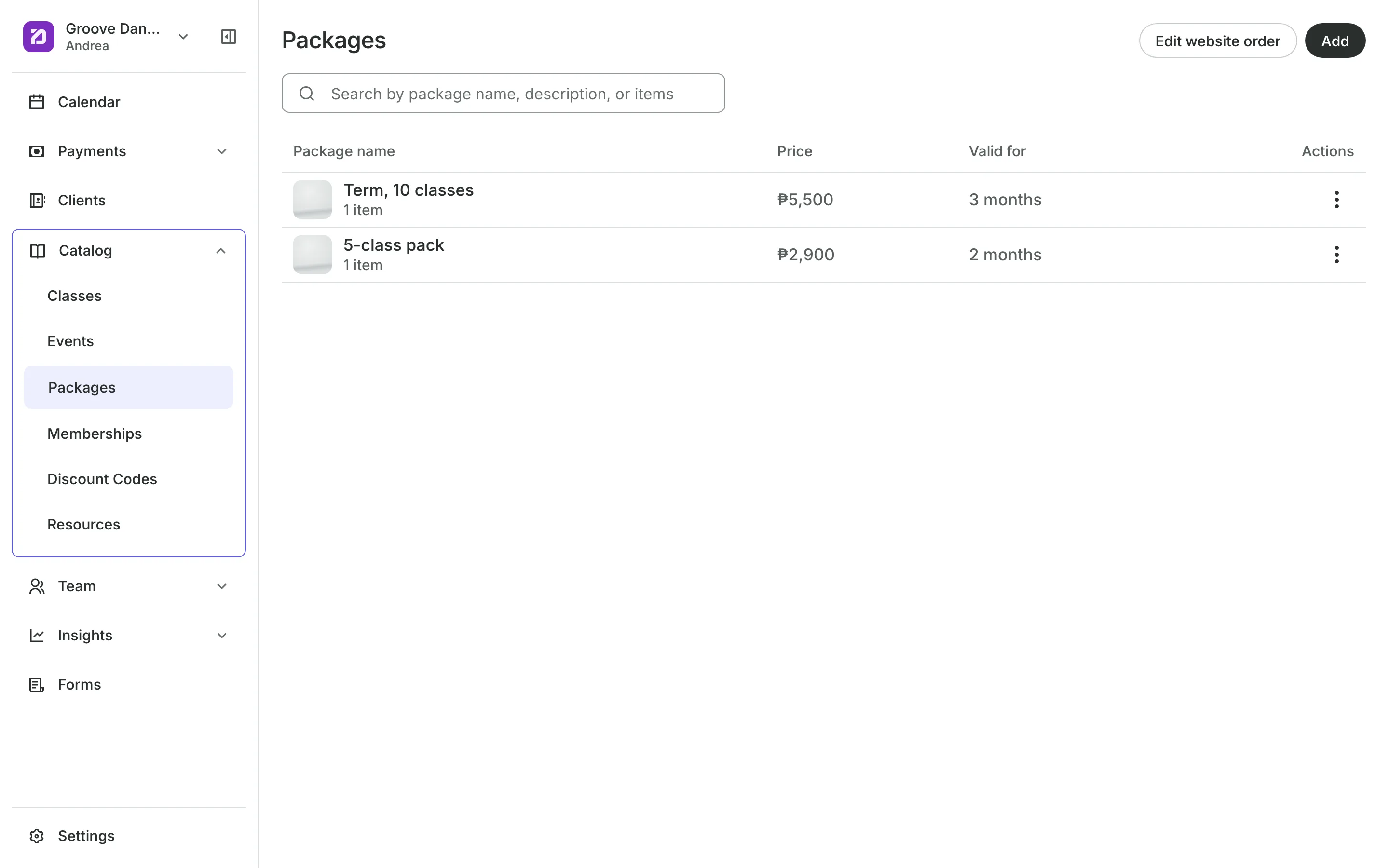 Packages for sale, each with its sessions and price