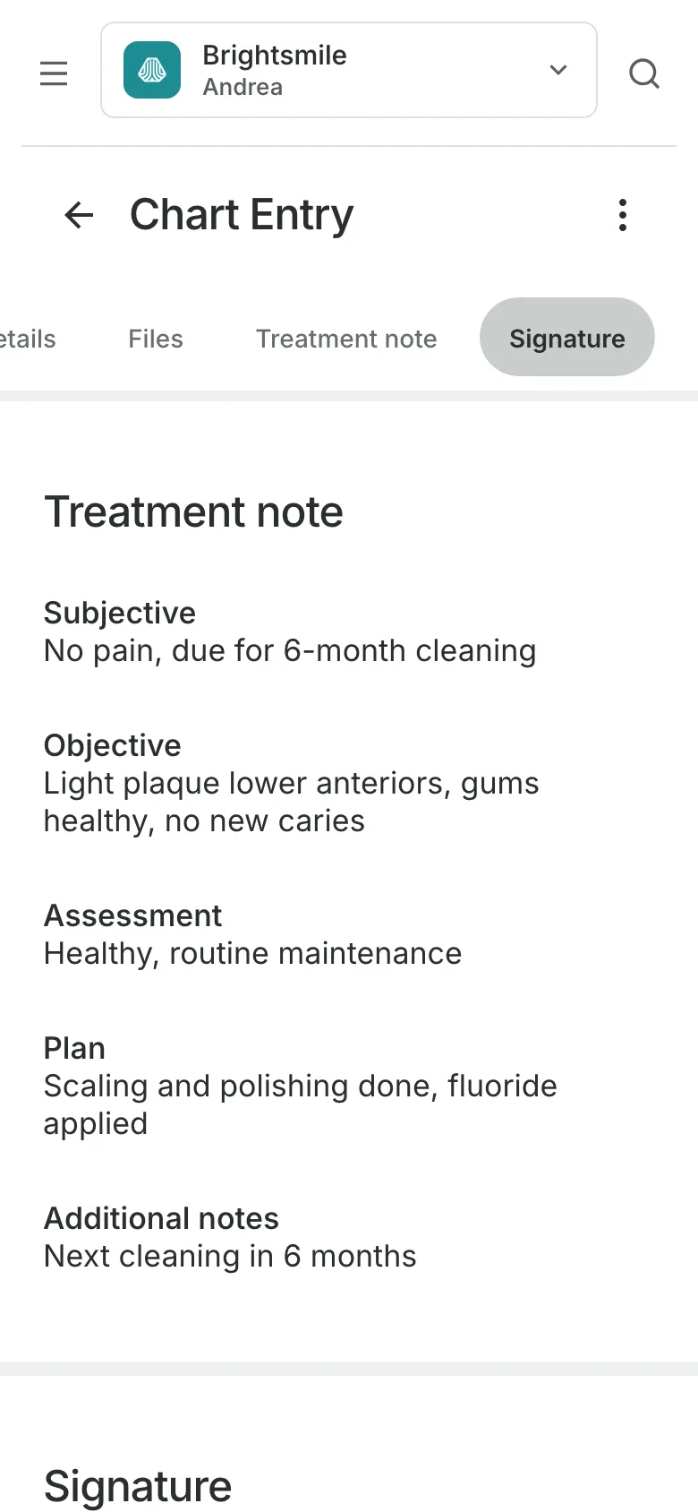 A signed chart entry on a phone: the treatment note, section by section