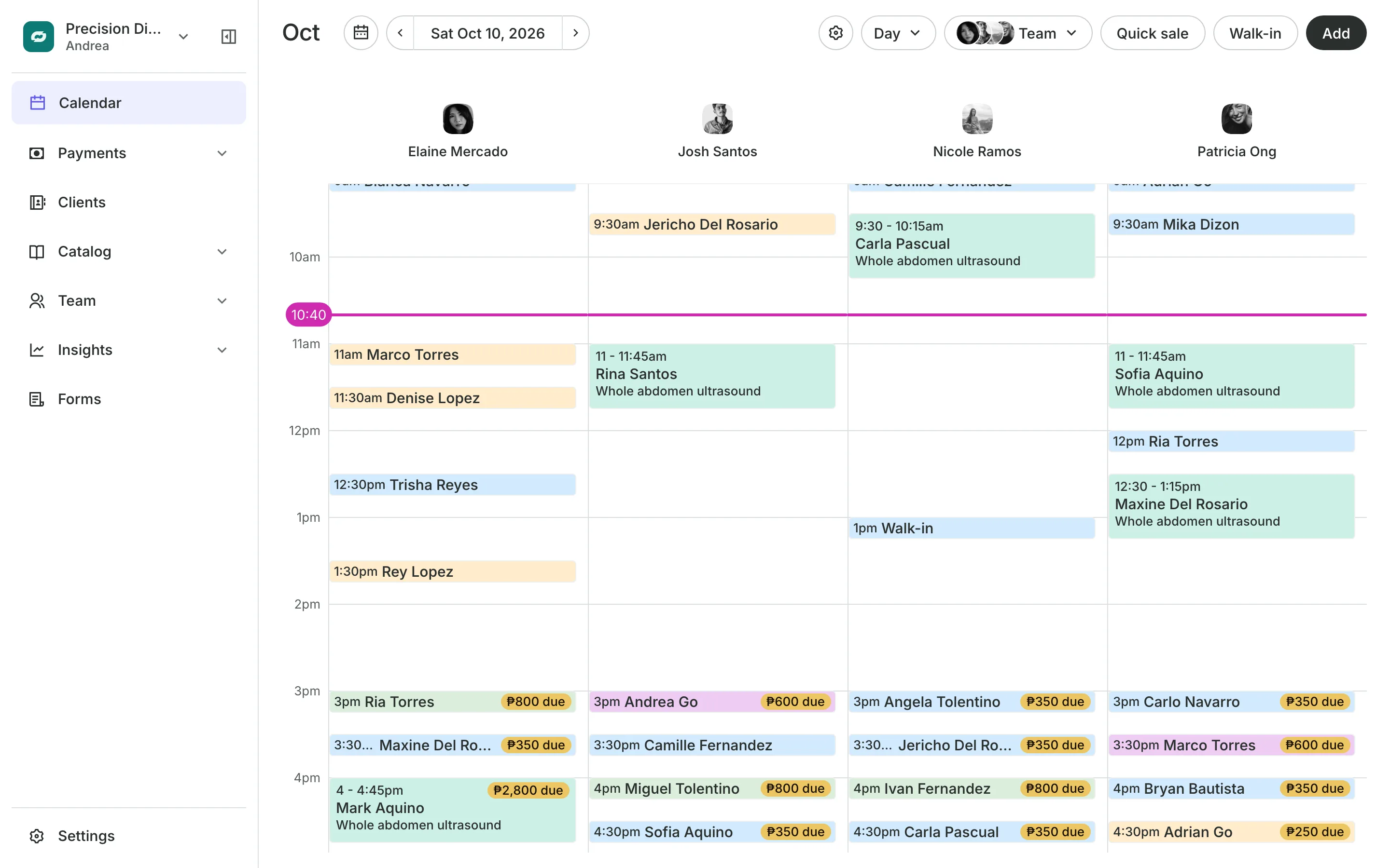 The calendar in day view: the team's columns and the day's bookings