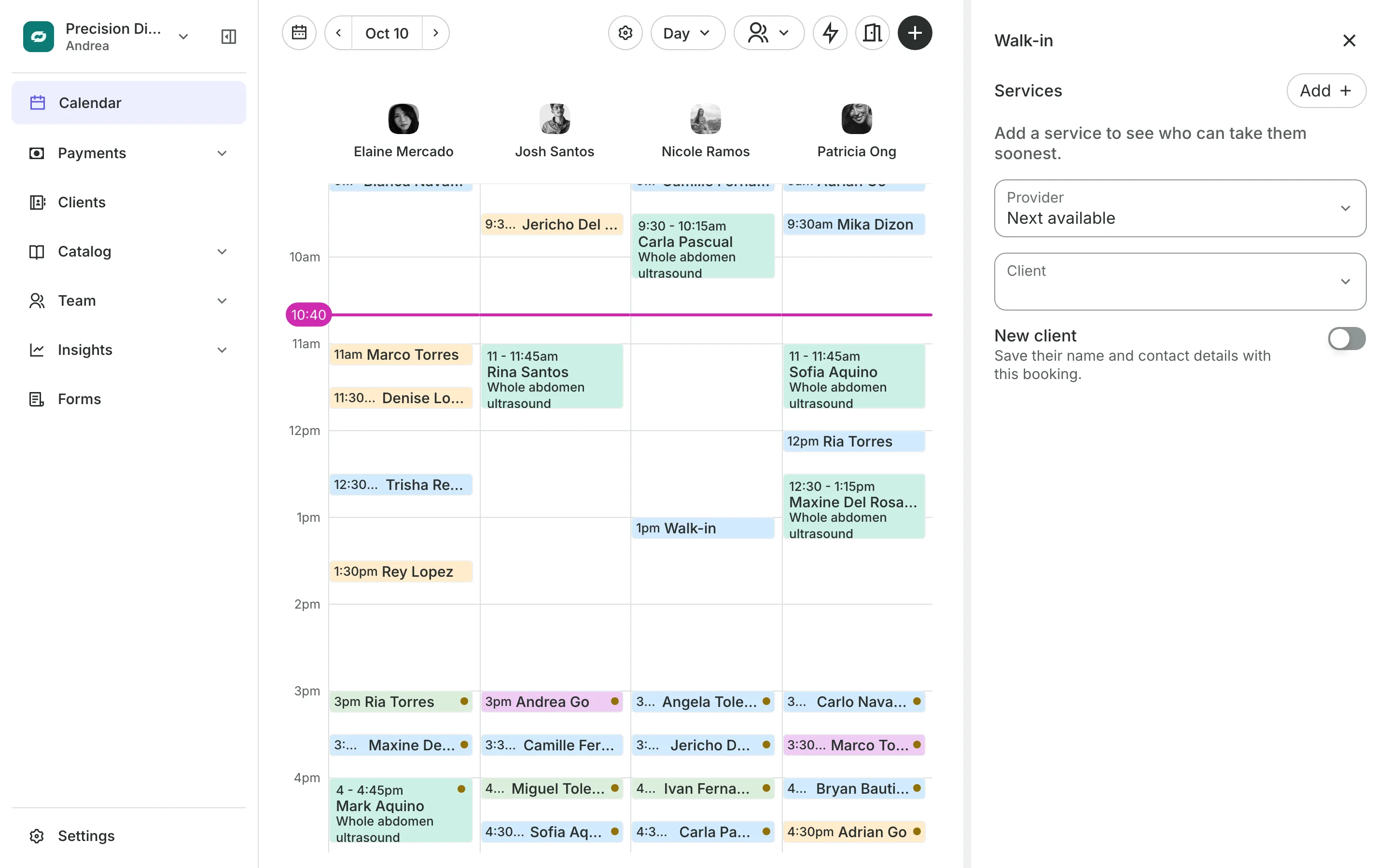 Adding a walk-in from the calendar, with each person's next free time